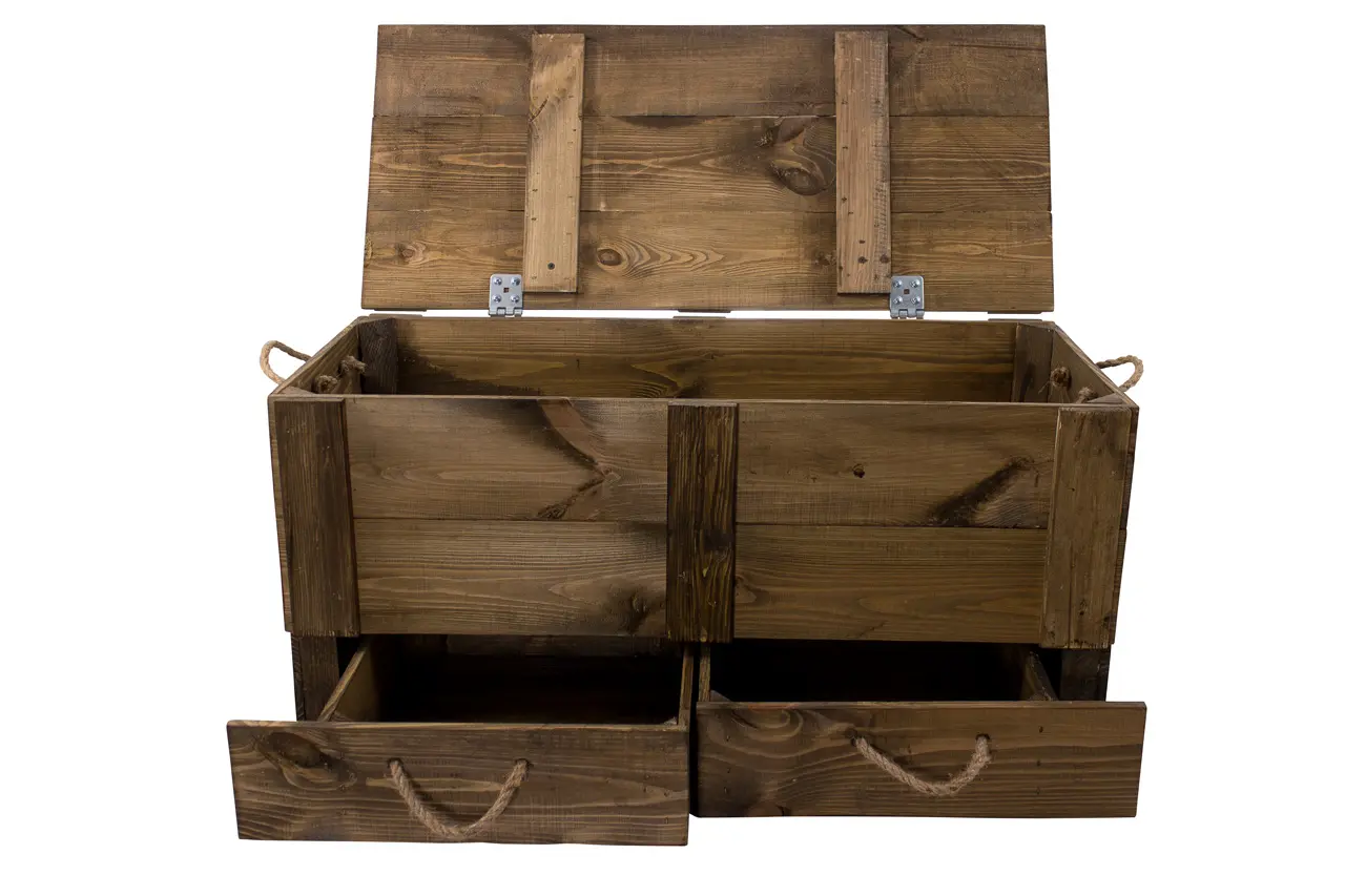 XXL Holztruhe Used mit 2 Schubladen und Kordel 85 x 39 x 40 cm