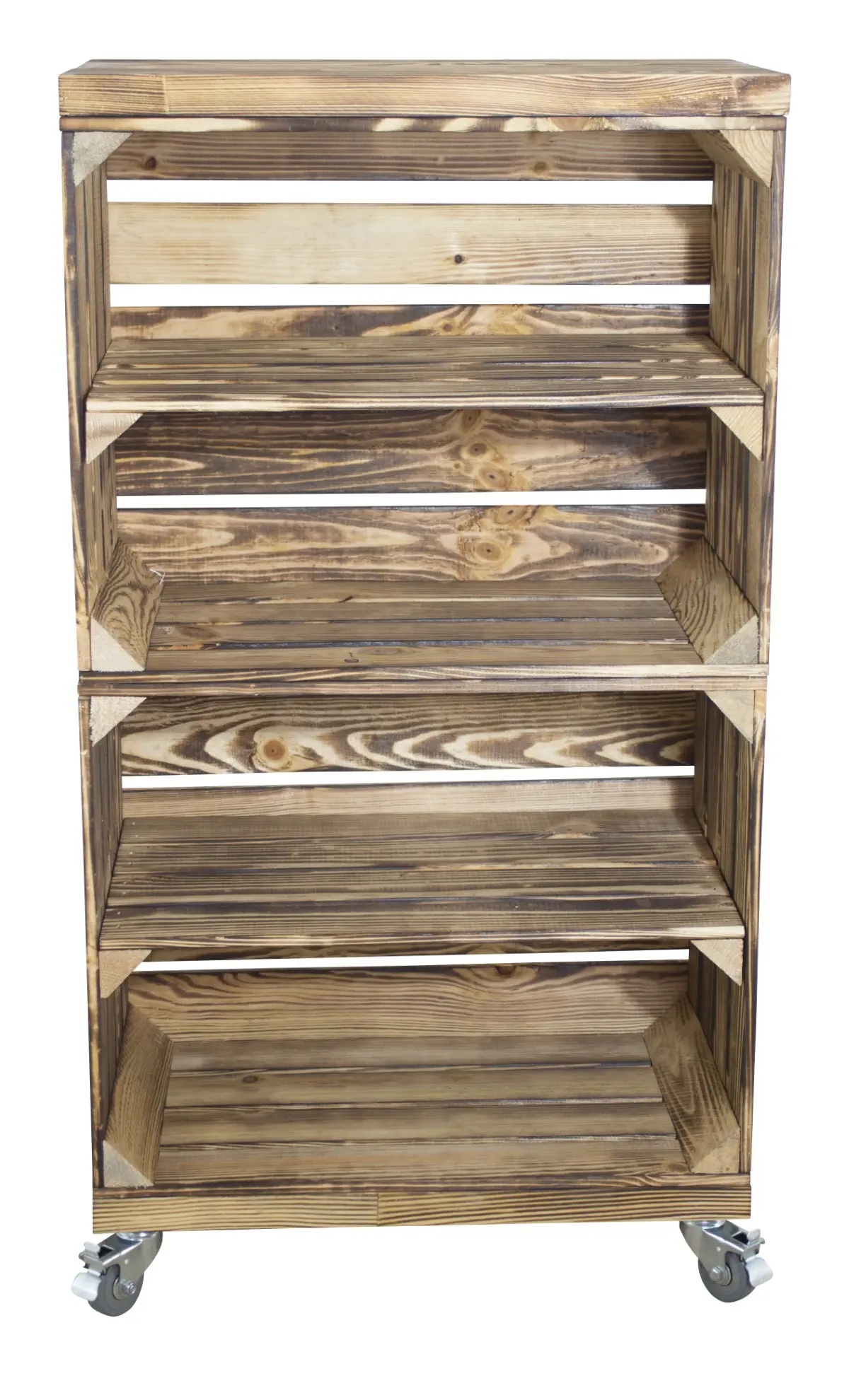 Regal aus zwei geflammten Obstkisten sowie zwei geflammten Bohlenbrettern auf Rollen 93x50x30cm Regal aus zwei geflammten Obstkisten sowie zwei geflammten Bohlenbrettern auf Rollen 93x50x30cm