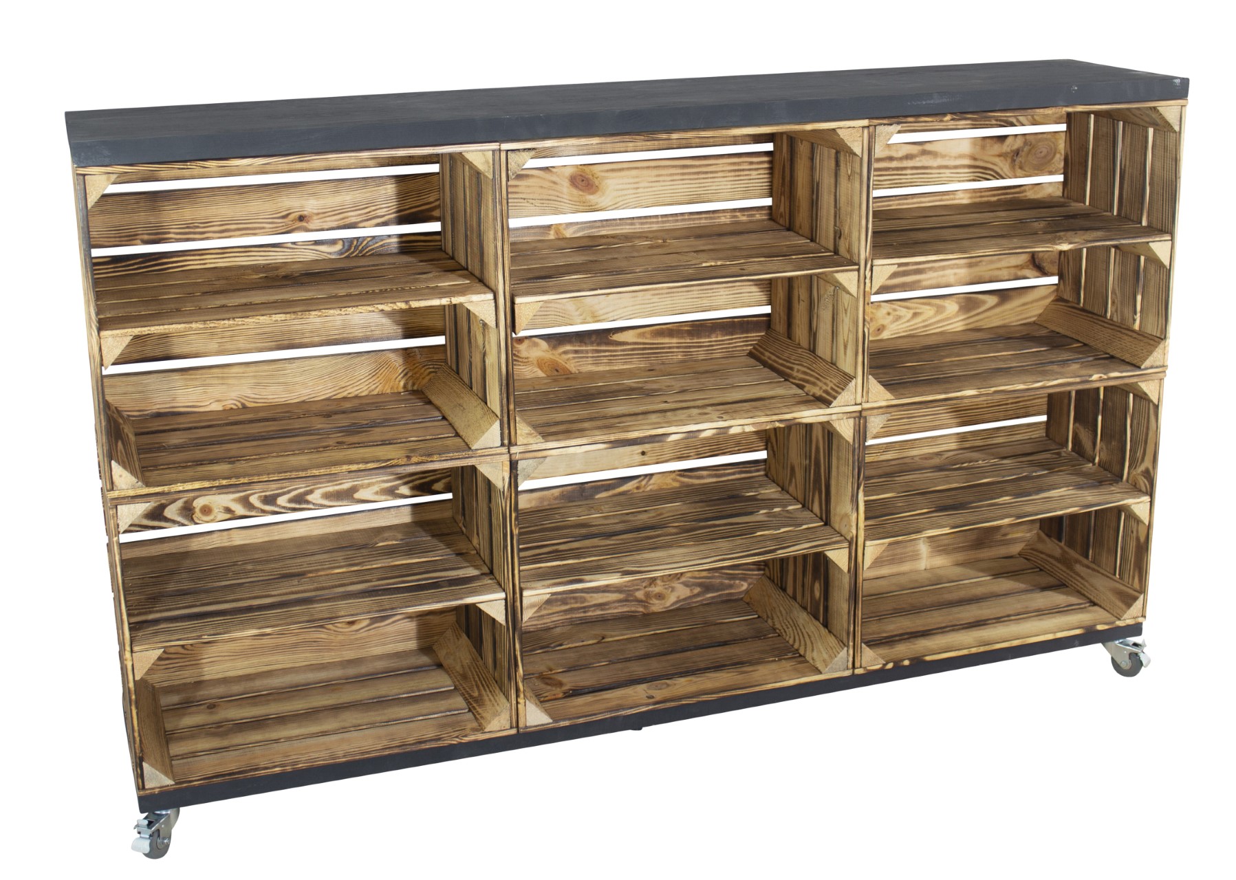 Raumtrenner / Kommode aus geflammten Kisten mit 2 Bohlenbrettern in schwarz auf Rollen 150x93x30cm