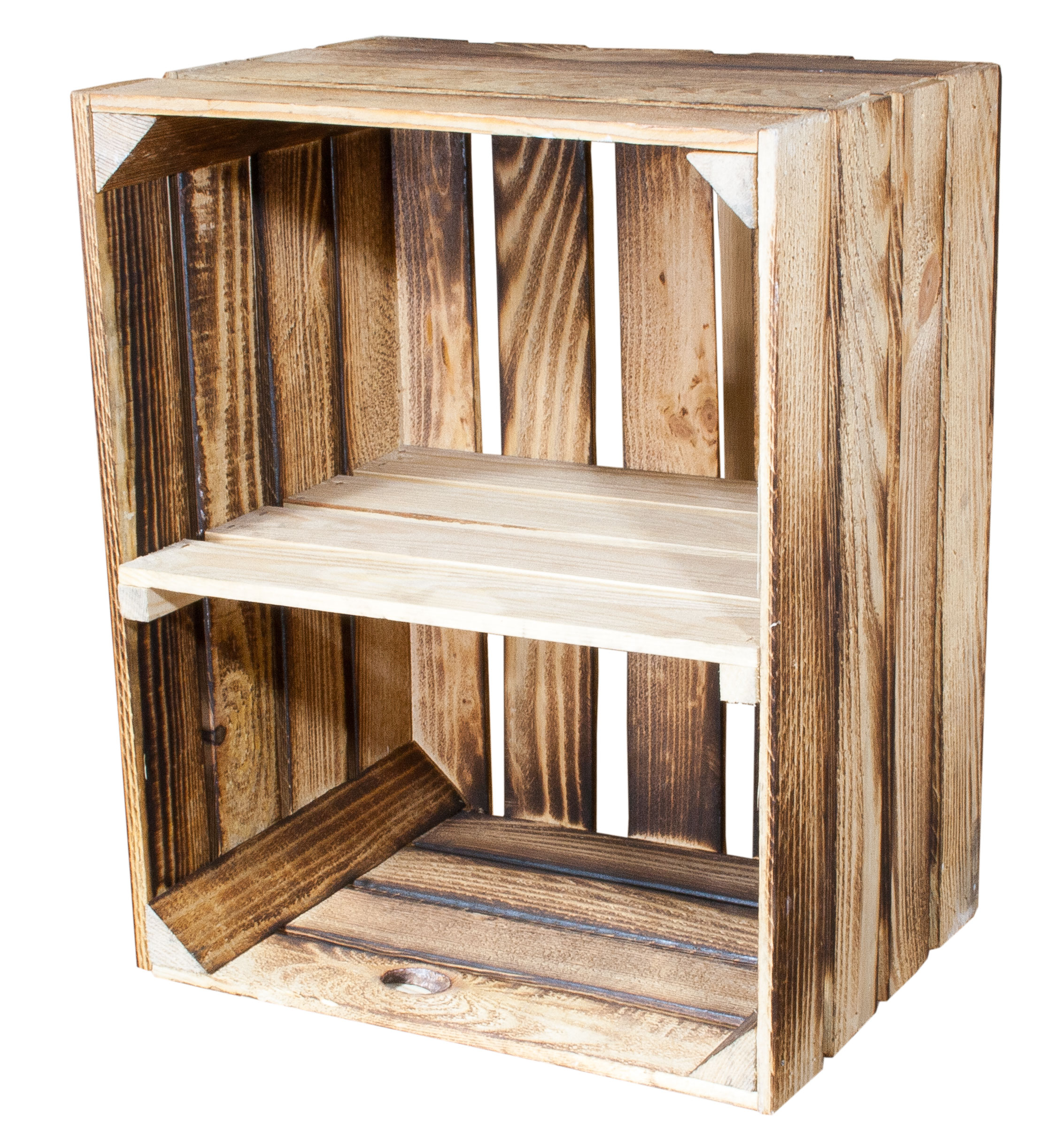 Geflammte Holzkiste mit Mittelbrett in natur -quer- 50x40x30cm Geflammte Holzkiste mit Mittelbrett in natur -quer- 50x40x30cm