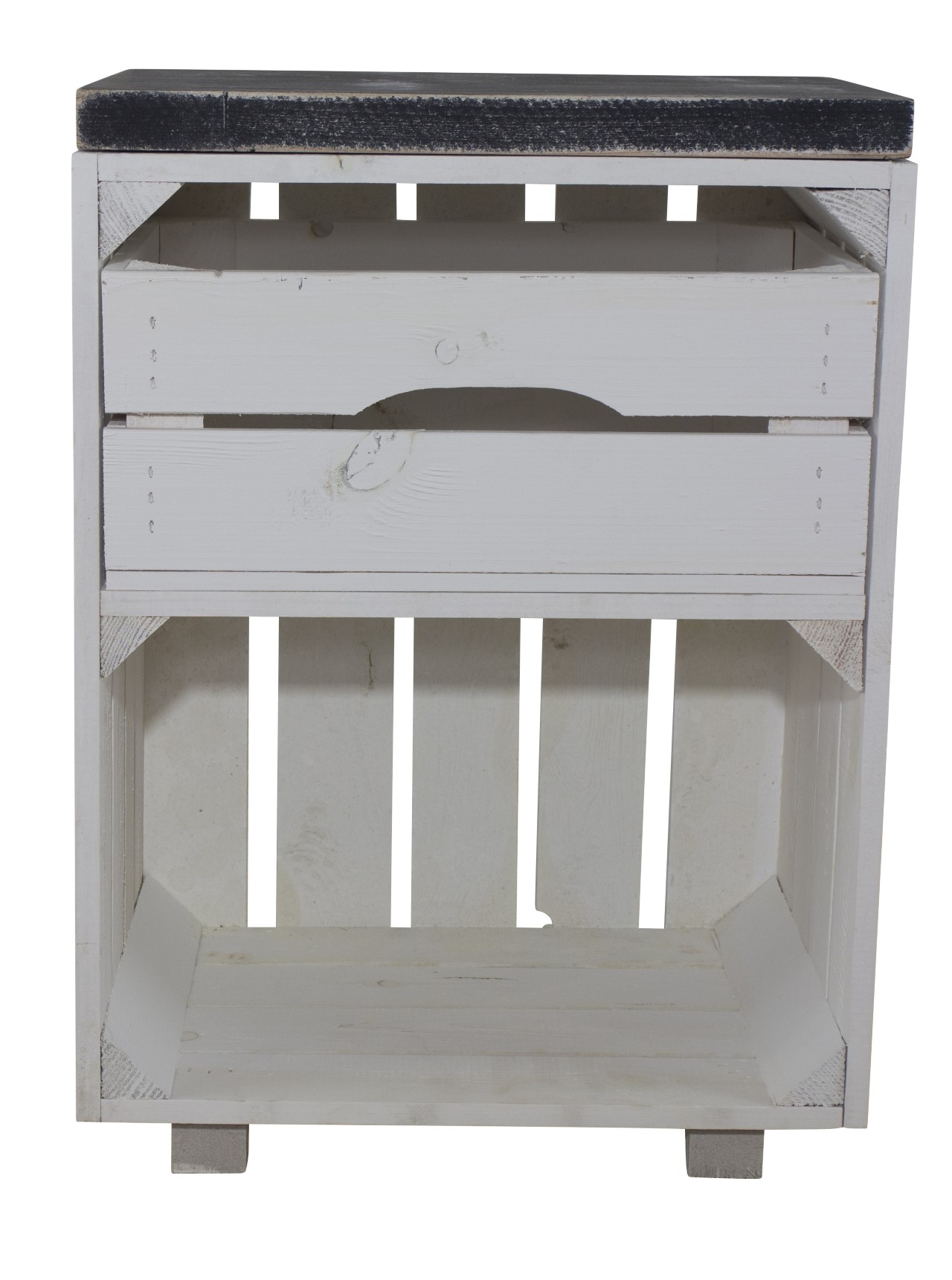 Weißer Nachttisch mit Schublade und Bohlenbrett in shabby Schwarz 30,5x40x57cm Weißer Nachttisch mit Schublade und Bohlenbrett in shabby Schwarz 30,5x40x57cm