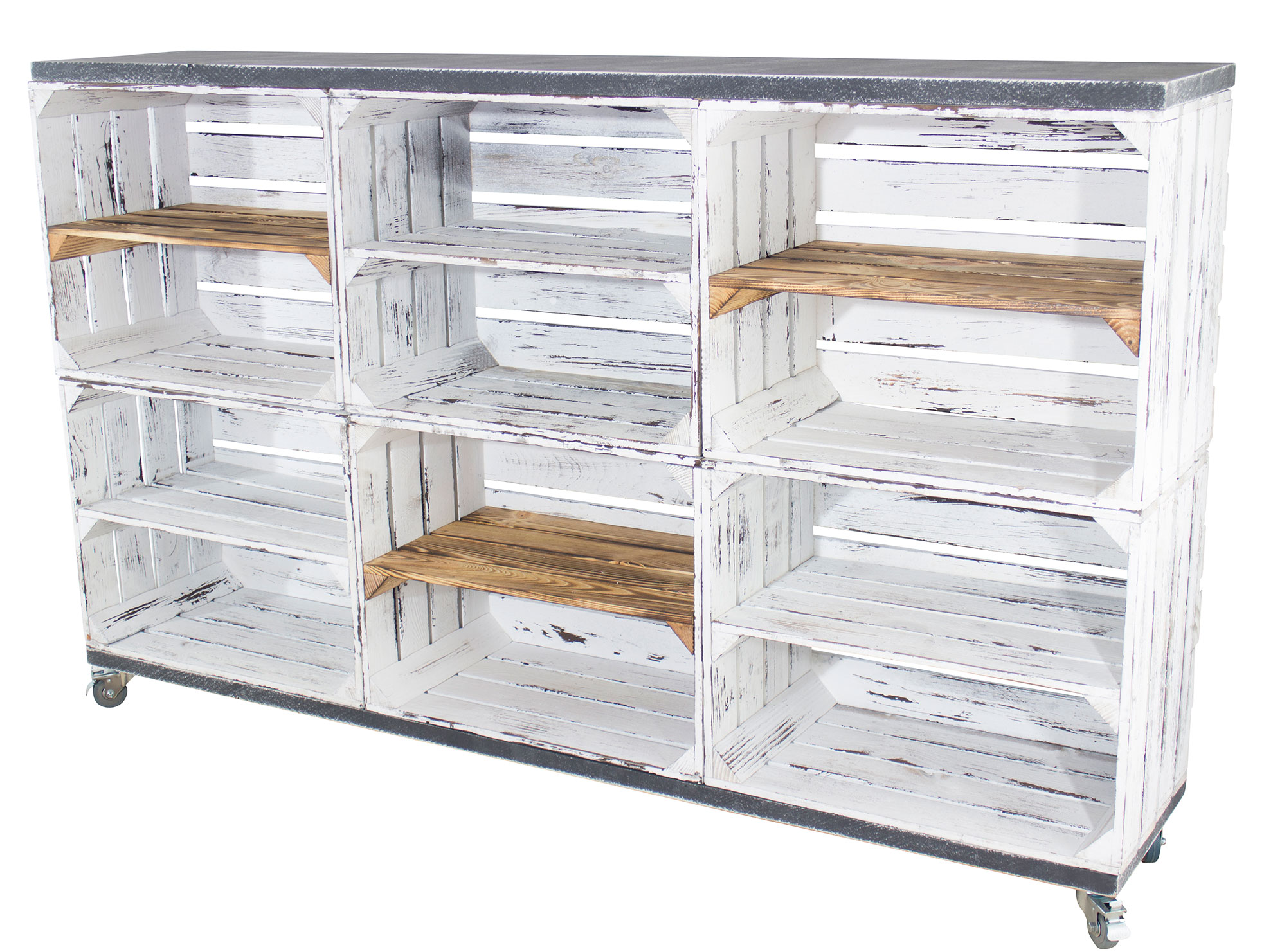 Kommode aus 6 Kisten in grau vintage mit 3 geflammten Mittelbrettern und 2 Bohlenbrettern in shabby schwarz auf Rollen, 150x93x30 Kommode aus 6 Kisten in grau vintage mit 3 geflammten Mittelbrettern und 2 Bohlenbrettern in shabby schwarz auf Rollen, 150x93x30