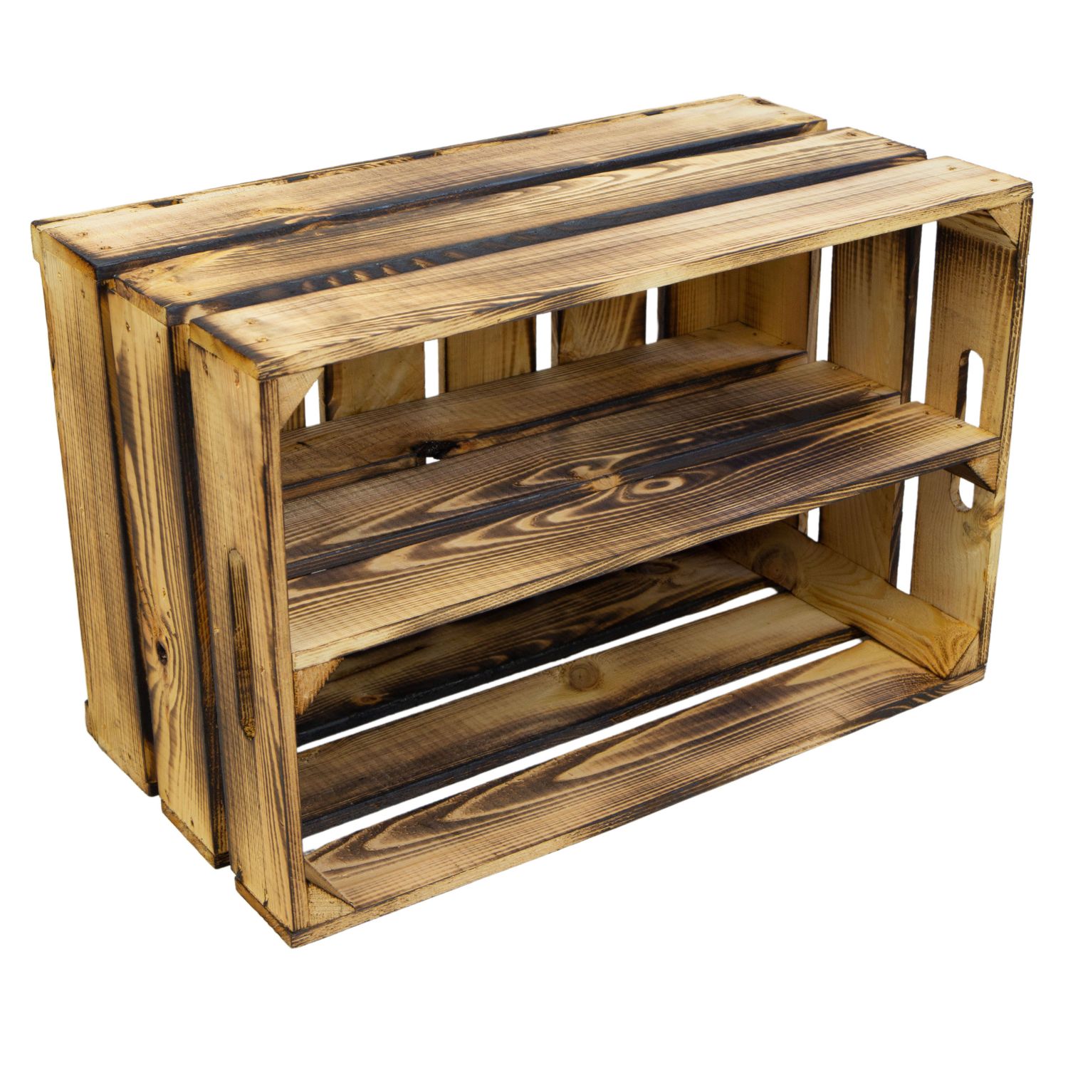 Holzkiste Elfriede geflammt mit Mittelbrett längs 54x30x35cm Holzkiste Elfriede geflammt mit Mittelbrett längs 54x30x35cm