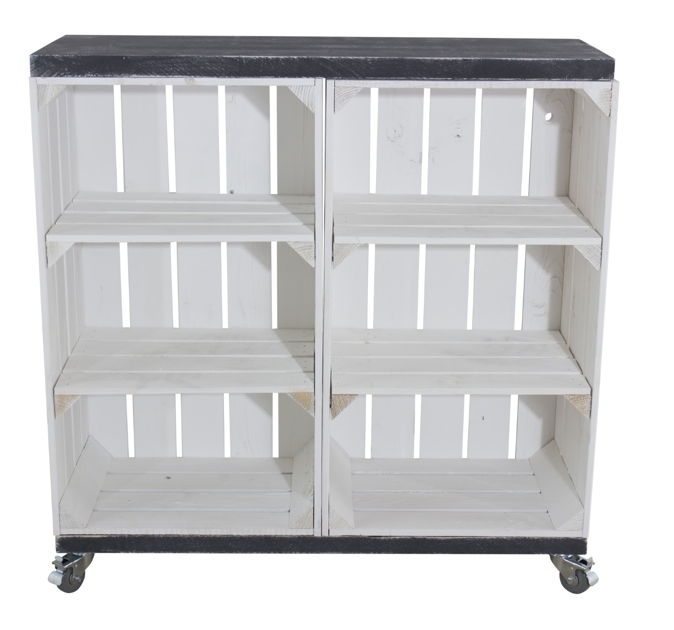 Kommode aus 2 weißen Obstkisten mit 4 Mittelbrettern sowie 2 Bohlenbrettern in Schwarz, auf Rollen 81x80x30cm
