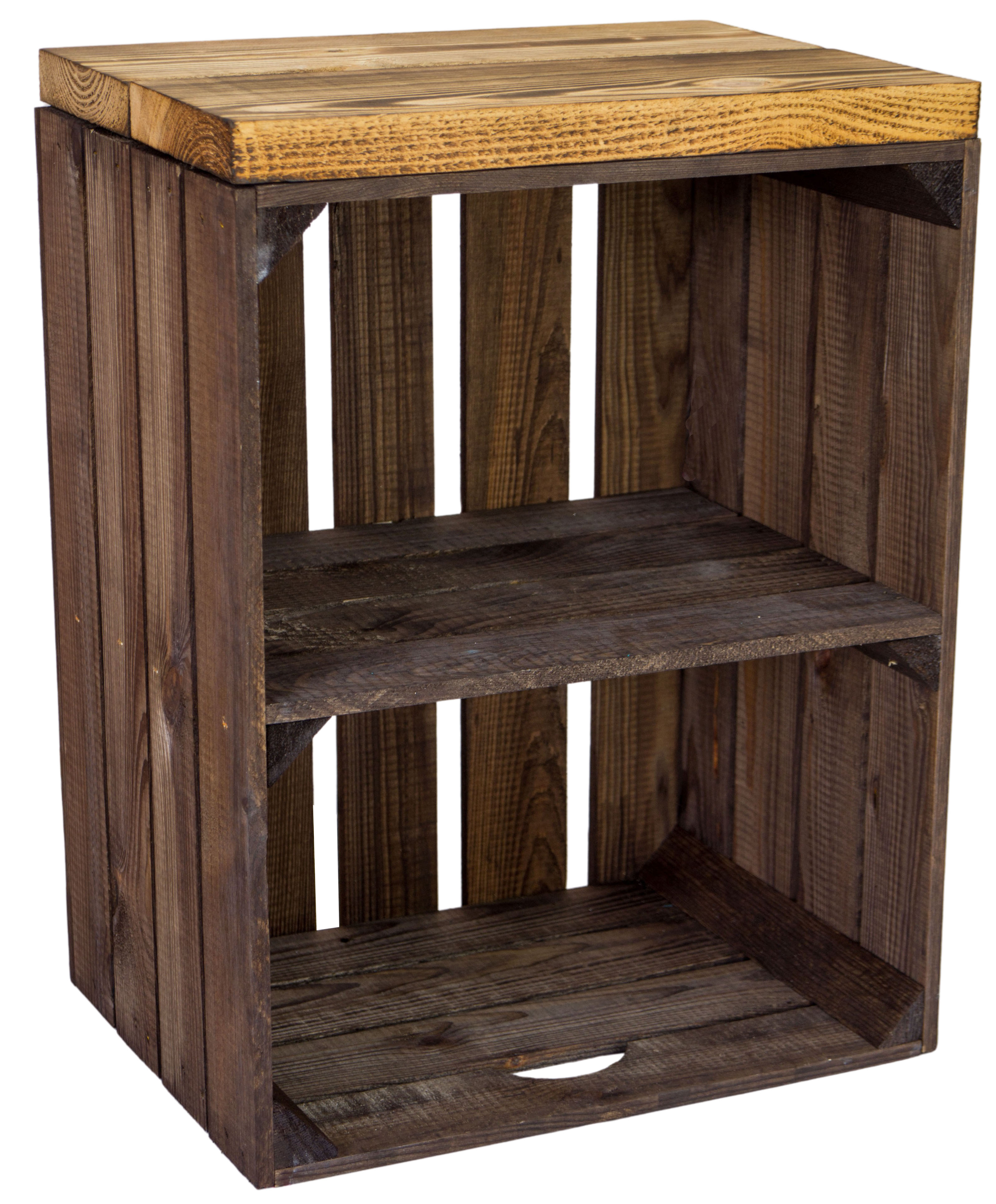 Sitzkiste Johanna dunkel Quer Sitzfläche aus dicken geflammten Holzplanken