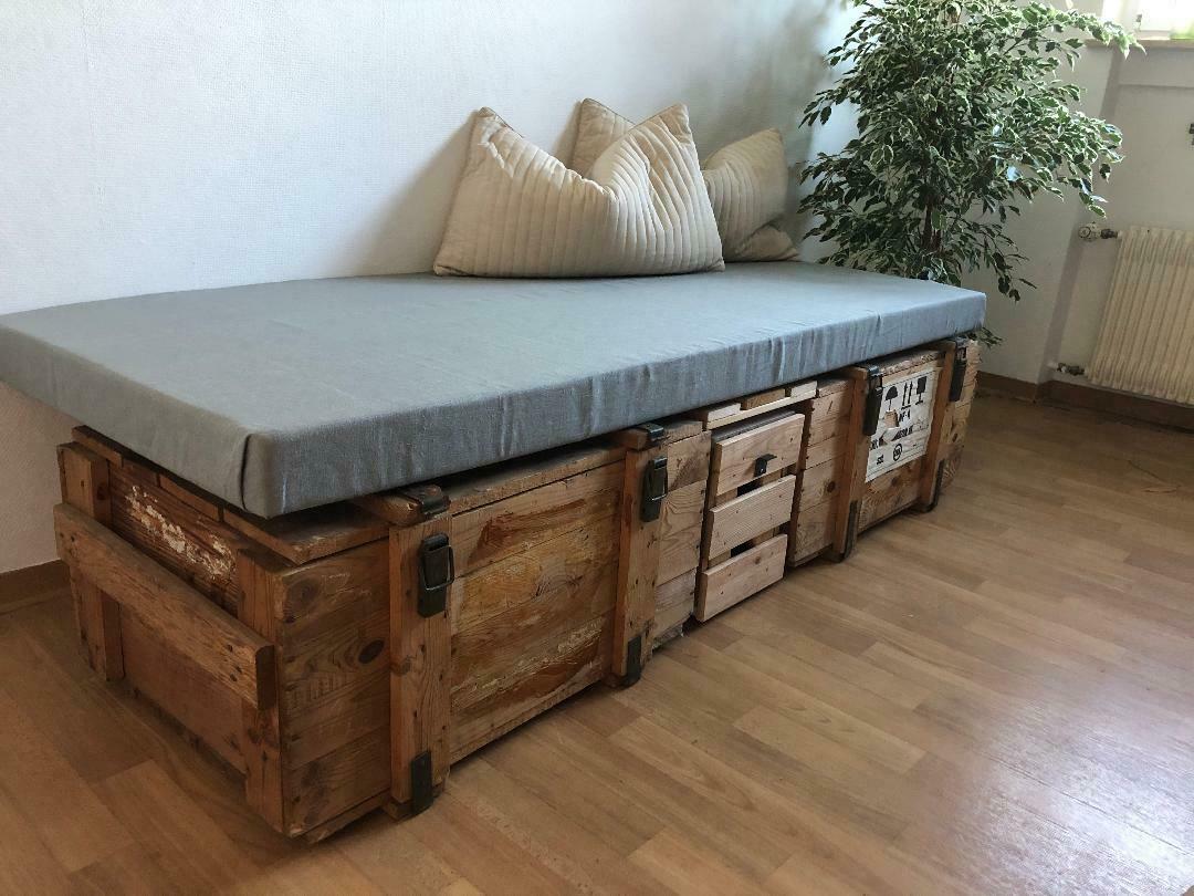 Munitionskiste Natur groß Munitionsbehälter Möbelgestell Bett Couch Wohnzimmertisch Aufbewahrungskiste Vintage Transportkiste Schatztruhe