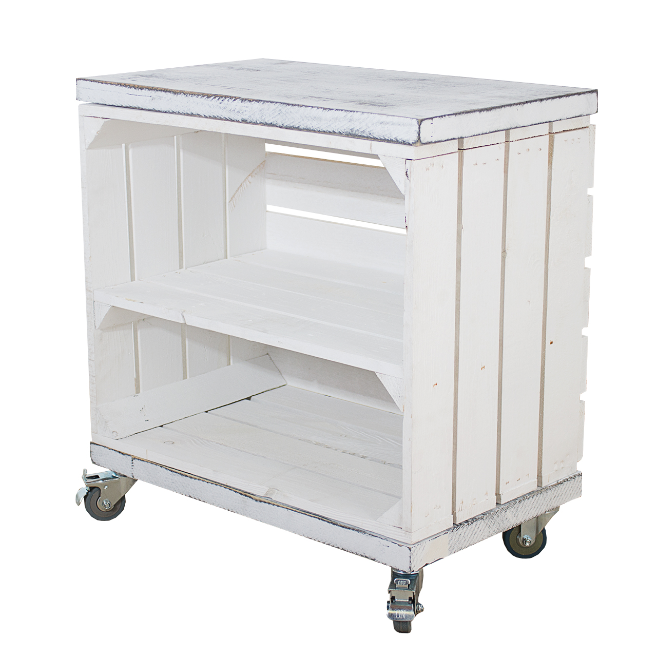 Regal aus weißer Obstkiste mit Mittelbrett sowie 2 Bohlenbrettern in shabby weiß auf Rollen 53x50x30cm