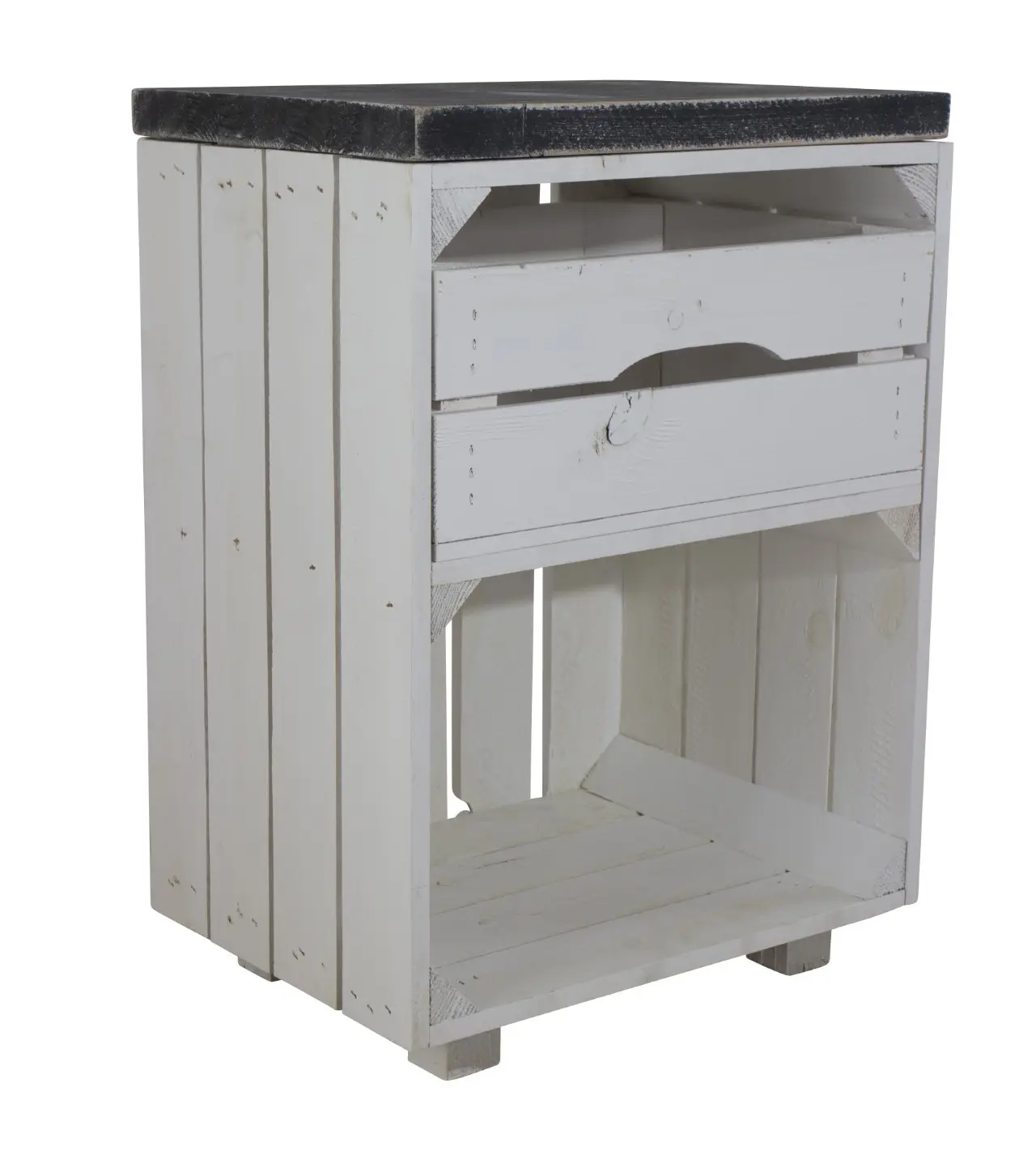 Weißer Nachttisch mit Schublade und Bohlenbrett in shabby Schwarz 30,5x40x57cm Weißer Nachttisch mit Schublade und Bohlenbrett in shabby Schwarz 30,5x40x57cm
