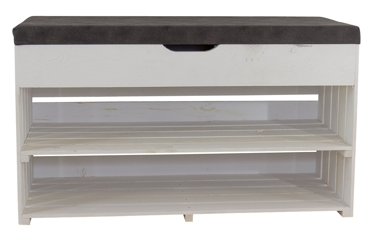 Weiße Sitzbank (Truhe) im Obstkisten Design mit Sitzpolster 90x52x39cm