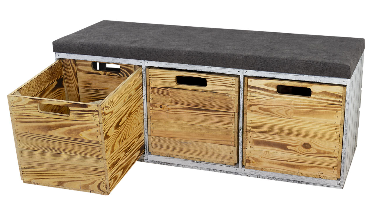 Shabby Sitzbank im Obstkisten Design mit Sitzpolster und 3 Kallax Einschubkisten 105x43x39xcm