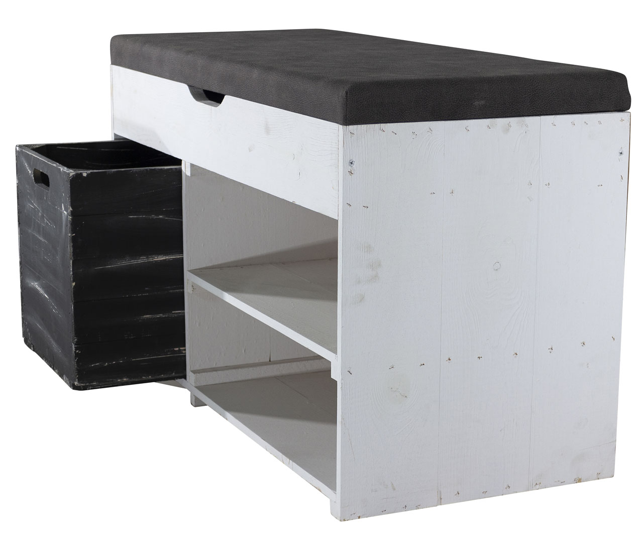 Weiße Sitzbank (Truhe) im Obstkisten Design mit Sitzpolster und Kallax Einschubkiste 90x52x39cm Weiße Sitzbank (Truhe) im Obstkisten Design mit Sitzpolster und Kallax Einschubkiste 90x52x39cm