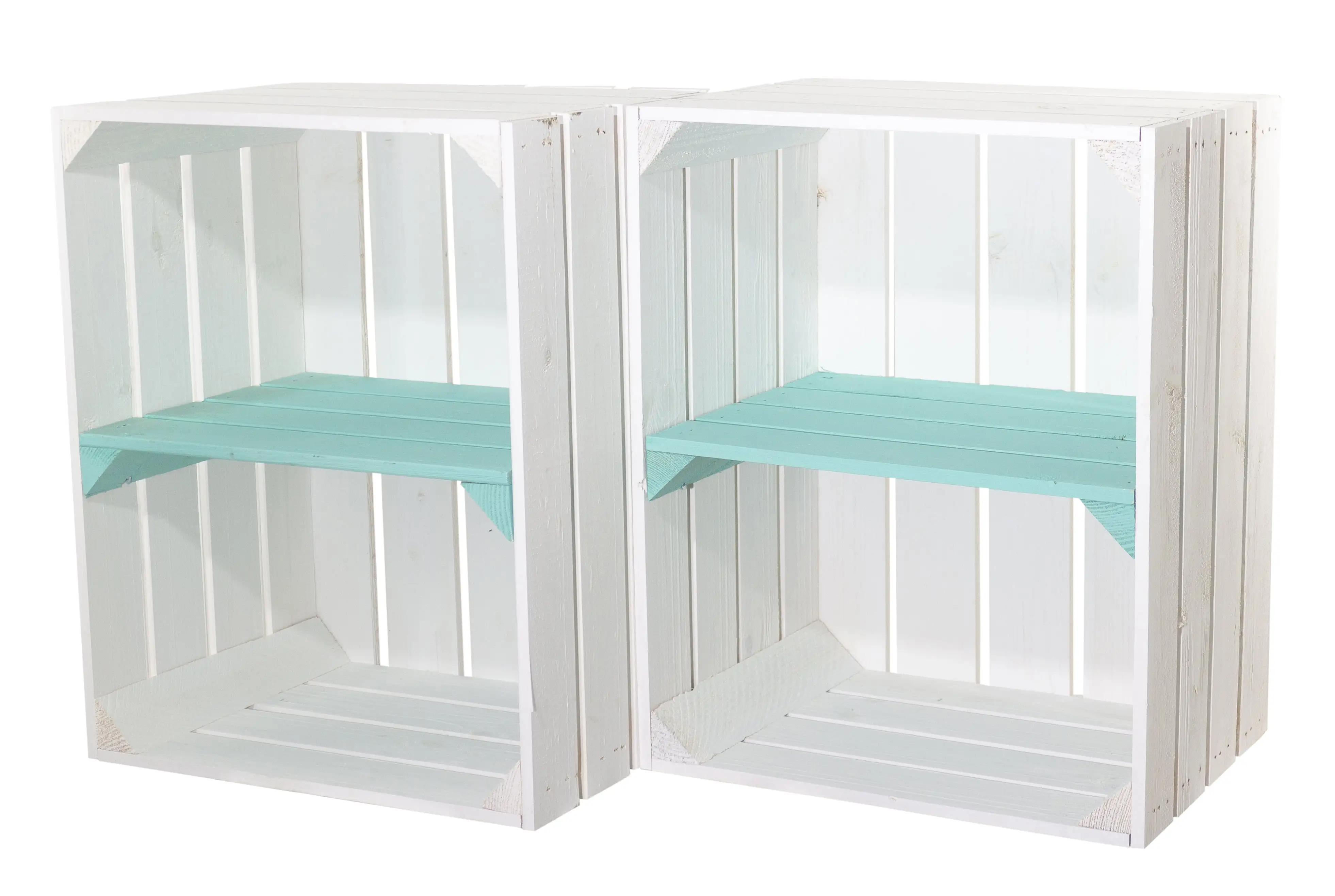 Weiße Obstkiste mit türkisem Mittelbrett -quer- 50 x 40 x 30cm Weiße Obstkiste mit türkisem Mittelbrett -quer- 50 x 40 x 30cm