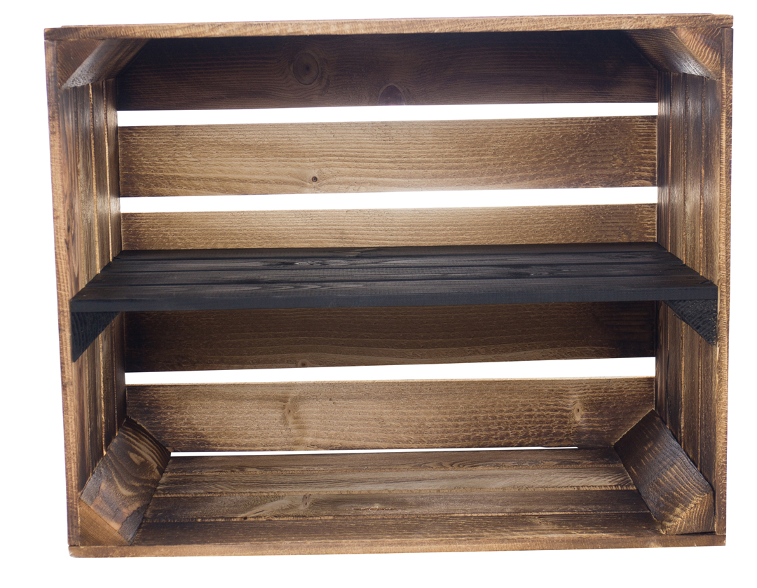 Geflammte Holzkiste mit schwarzem Mittelbrett 50x40x30cm Geflammte Holzkiste mit schwarzem Mittelbrett 50x40x30cm