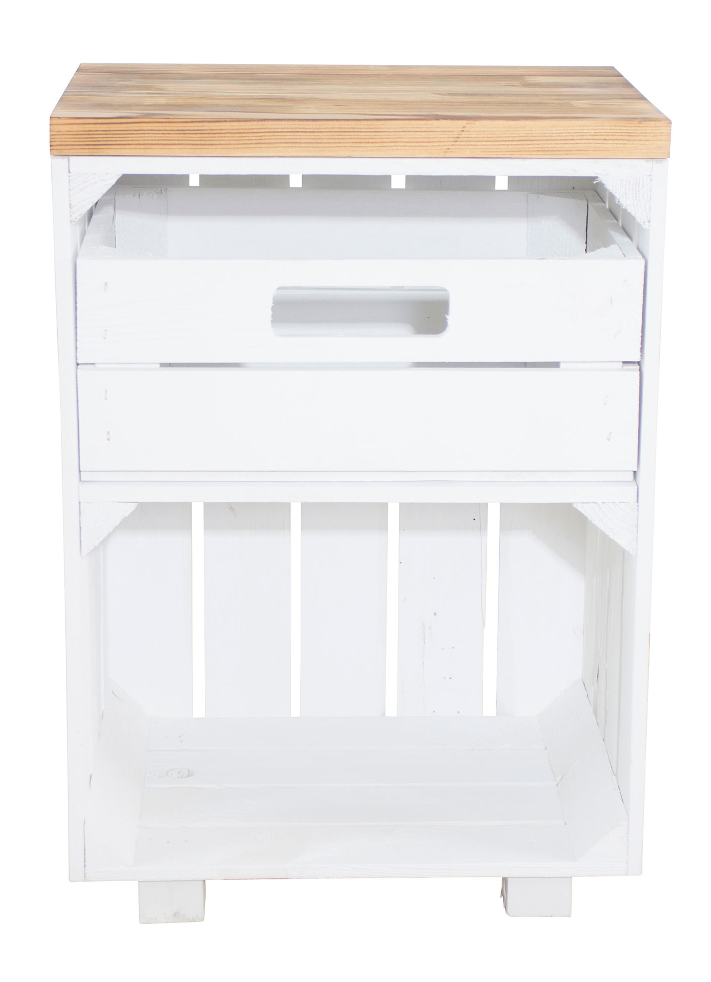 Nachttisch in weiß mit Schublade und geflammten Bohlenbrett auf Füßen, 40x57x30 Nachttisch in weiß mit Schublade und geflammten Bohlenbrett auf Füßen, 40x57x30