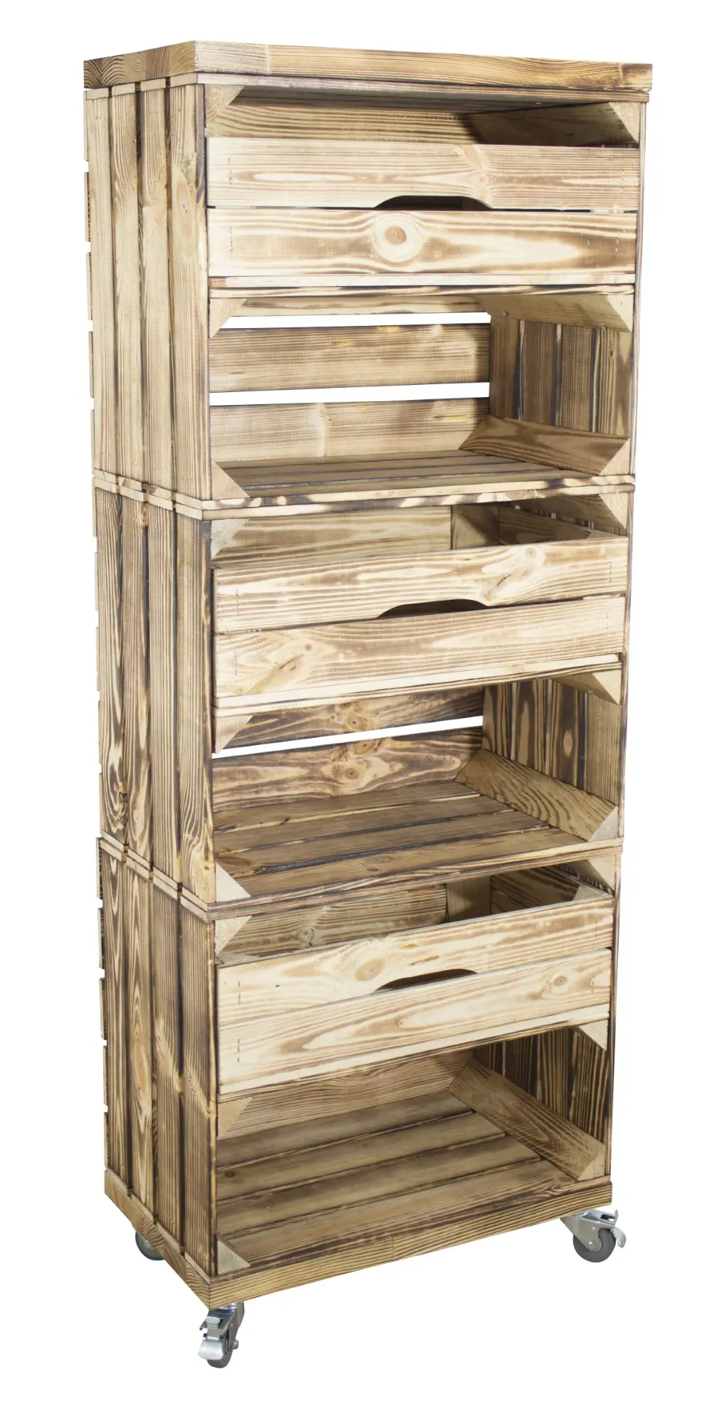 Regal aus drei geflammten Obstkisten mit drei Schubladen und zwei geflammten Bohlenbrettern, auf Rollen 133x50x30cm Regal aus drei geflammten Obstkisten mit drei Schubladen und zwei geflammten Bohlenbrettern, auf Rollen 133x50x30cm