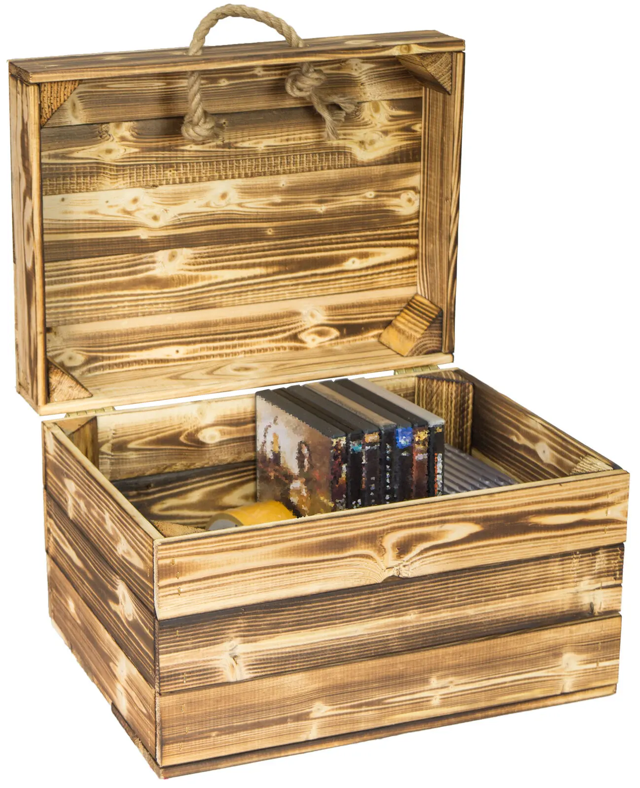 Holzkiste in geflammt mit Deckel und Hanfkordel Geschenkekiste 40 x 30 x 27cm