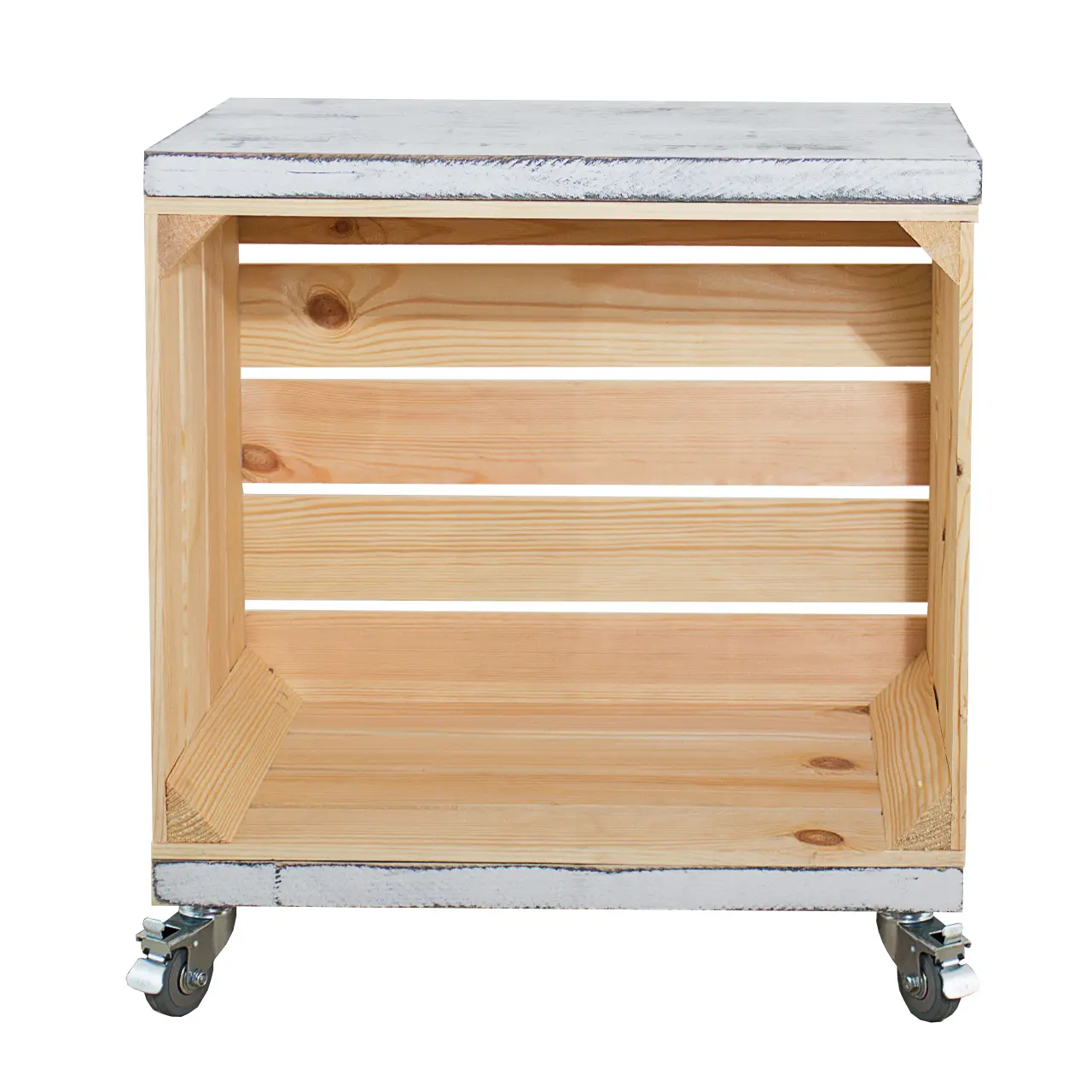 Regal aus einer Obstkiste in natur mit 2 Bohlenbrettern in shabby weiß auf Rollen 53x50x30cm Regal aus einer Obstkiste in natur mit 2 Bohlenbrettern in shabby weiß auf Rollen 53x50x30cm