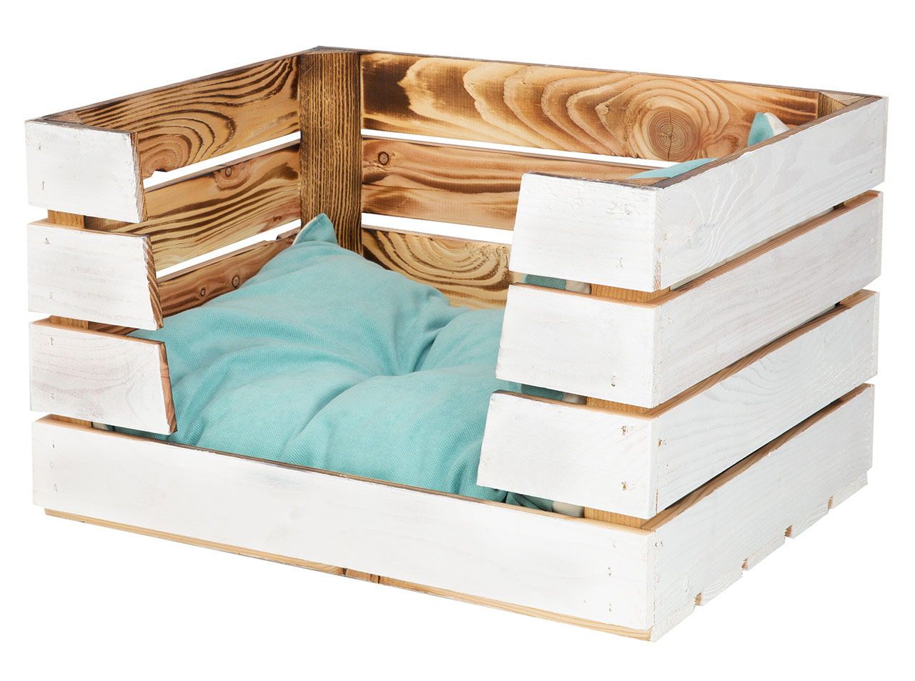 Katzenbett "Obstkiste" in weiß geflammtem Holz OHNE KISSEN 50x40x30cm Haustier "Obstkiste" in weiß geflammtem Holz OHNE KISSEN n 50x40x30cm