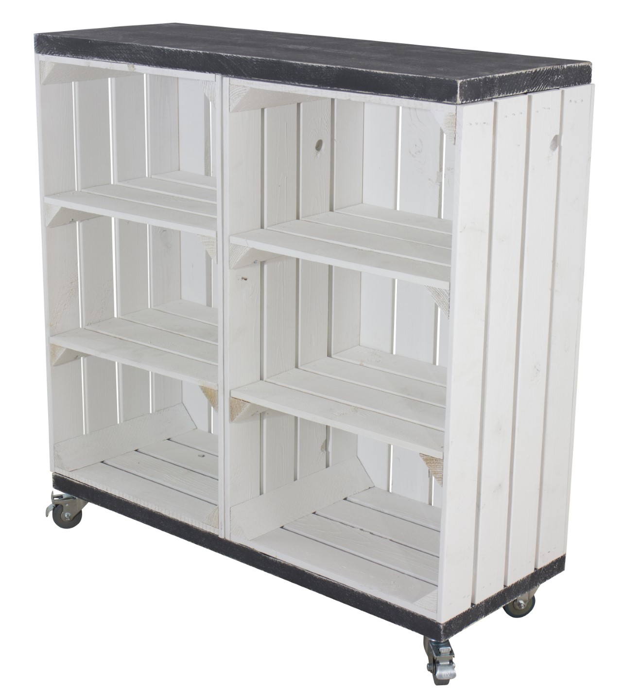 Kommode aus 2 weißen Obstkisten mit 4 Mittelbrettern sowie 2 Bohlenbrettern in Schwarz, auf Rollen 81x80x30cm