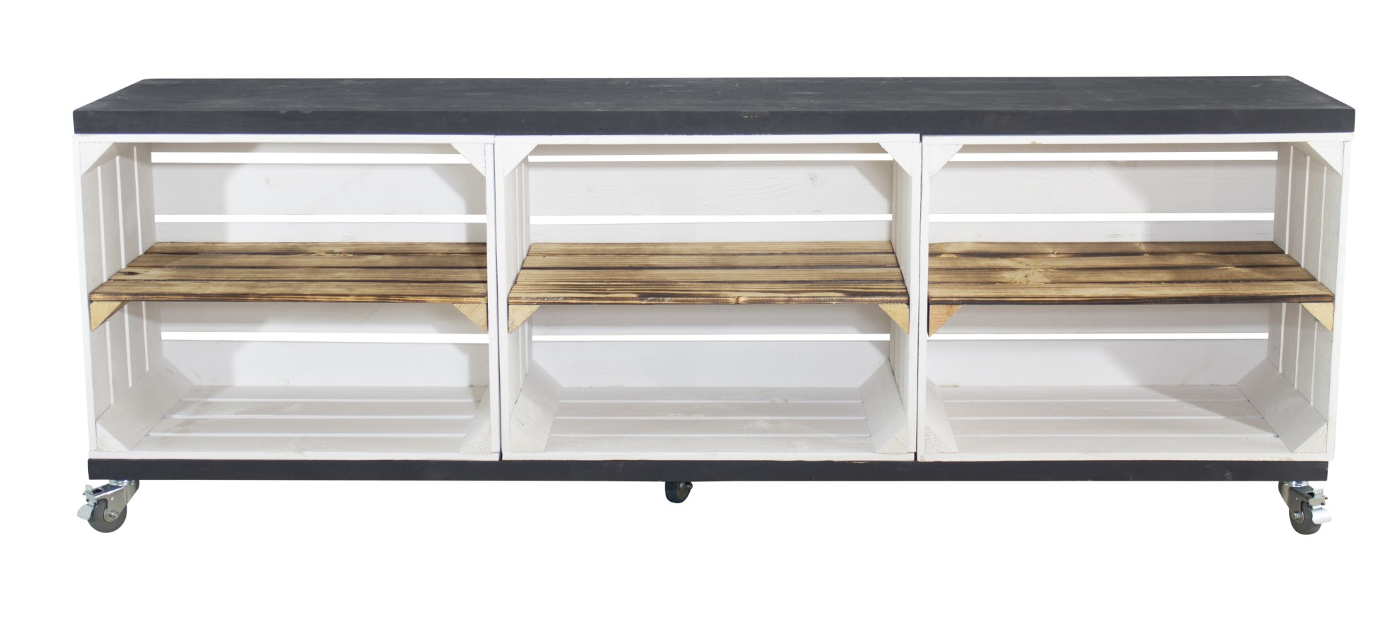 TV Lowboard aus 3 weißen Kisten mit geflammtem Mittelbrett sowie 2 schwarzen Bohlenbrettern auf Rollen 53x150x30 TV Lowboard aus 3 weißen Kisten mit geflammtem Mittelbrett sowie 2 schwarzen Bohlenbrettern auf Rollen 53x150x30