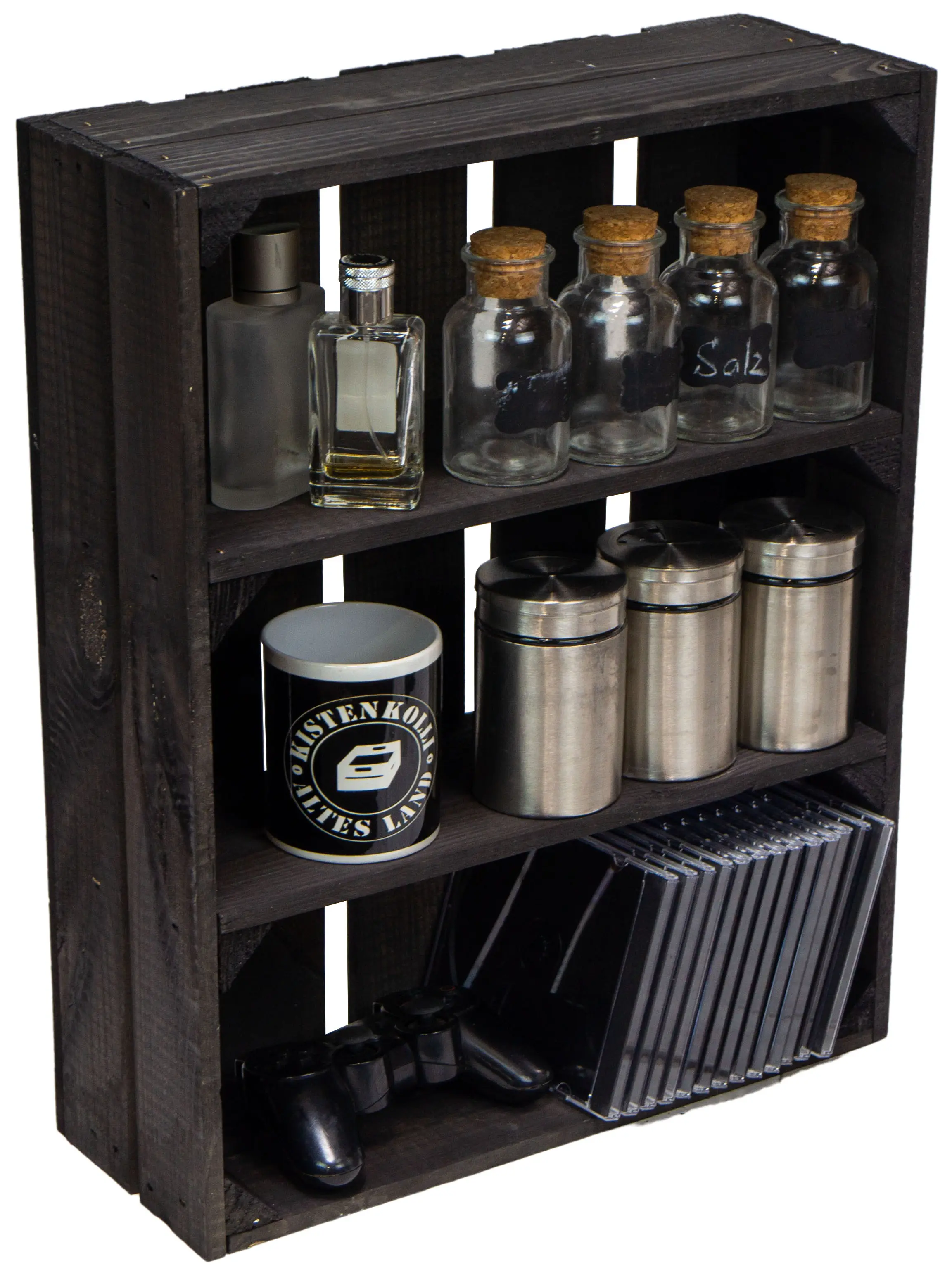 Schwarze flache Regalkiste mit 3 Fächern 50x40,5x16cm Schwarze flache Regalkiste mit 3 Fächern 50x40,5x16cm