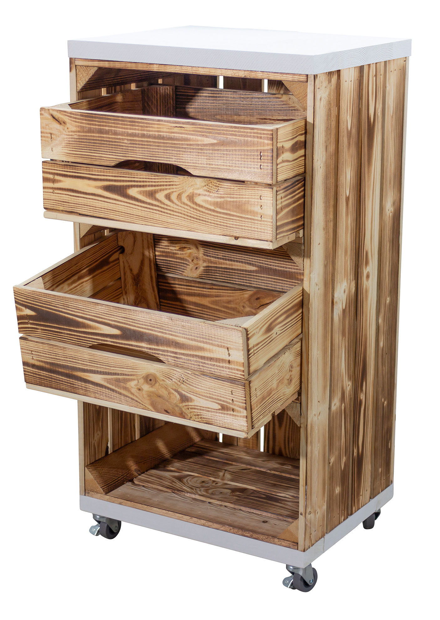 Regal aus einer schmalen geflammten Obstkiste mit zwei Schubladen und Bohlenbrett in Weiß, auf Rollen 40x79x31cm Regal aus einer schmalen geflammten Obstkiste mit zwei Schubladen und Bohlenbrett in Weiß, auf Rollen 40x79x31cm