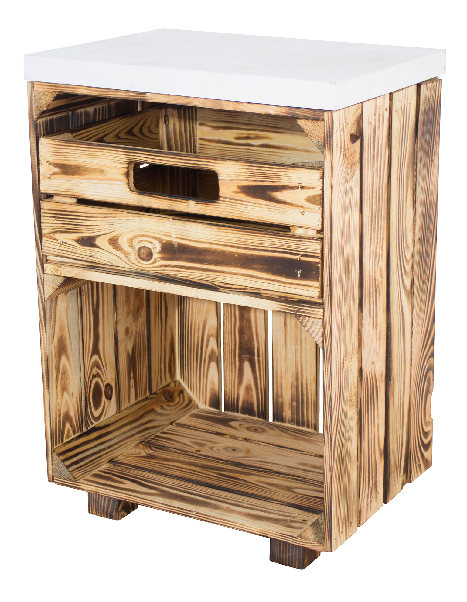 Geflammter Nachttisch mit Schublade und einem weißen Bohlenbrett auf Holzfüßen, 40x57x30,5 Geflammter Nachttisch mit Schublade und einem weißen Bohlenbrett auf Holzfüßen, 40x57x30,5