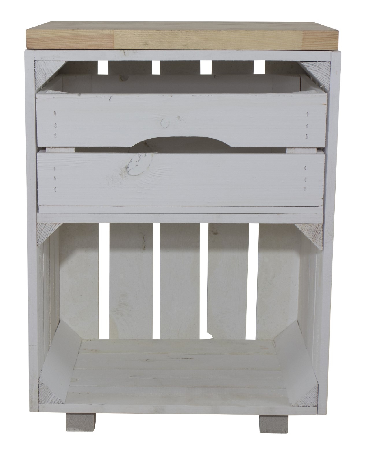 Weißer Nachttisch mit Schublade und Bohlenbrett in natur 30,5x40x57cm Weißer Nachttisch mit Schublade und Bohlenbrett in natur 30,5x40x57cm