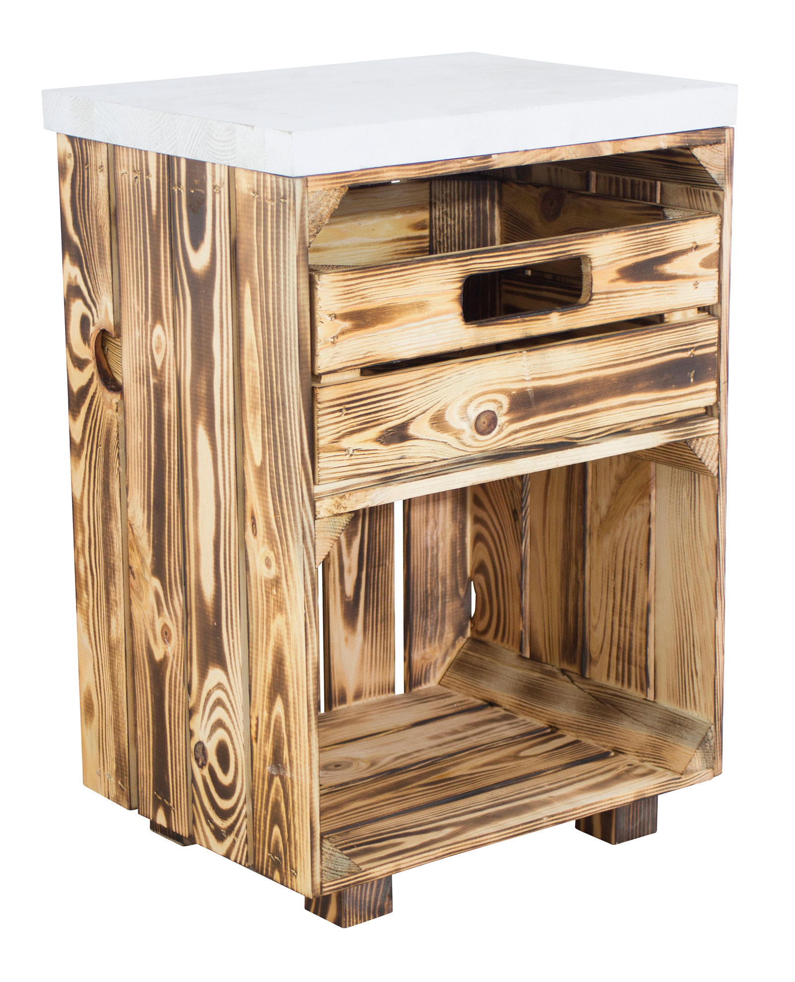 Geflammter Nachttisch mit Schublade und einem weißen Bohlenbrett auf Holzfüßen, 40x57x30,5 Geflammter Nachttisch mit Schublade und einem weißen Bohlenbrett auf Holzfüßen, 40x57x30,5