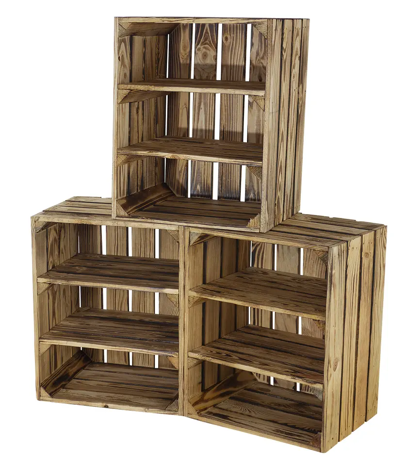 Geflammte Holzkiste mit 2 Mittelbrettern -quer- 50x40x30cm