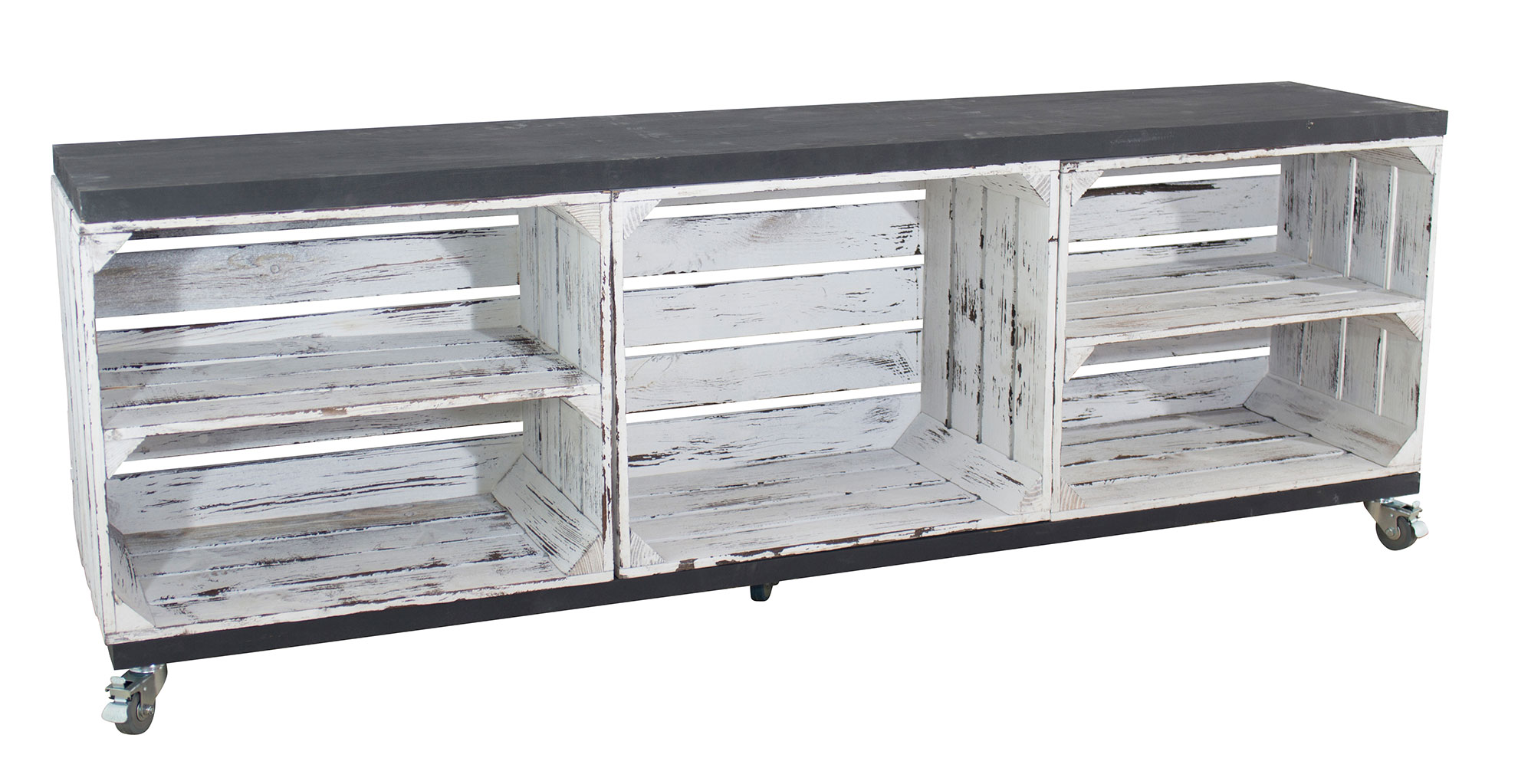 TV Schrank aus 3 Kisten in grau vintage mit 2 Bohlenbrettern in schwarz auf Rollen, 150x53x30 TV Schrank aus 3 Kisten in grau vintage mit 2 Bohlenbrettern in schwarz auf Rollen, 150x53x30