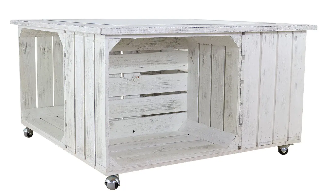 Weißer Tisch mit Glasplatte und Shabby Rahmen / besonders durch 4 Holzkisten für extra Stauraum / 85x85cm