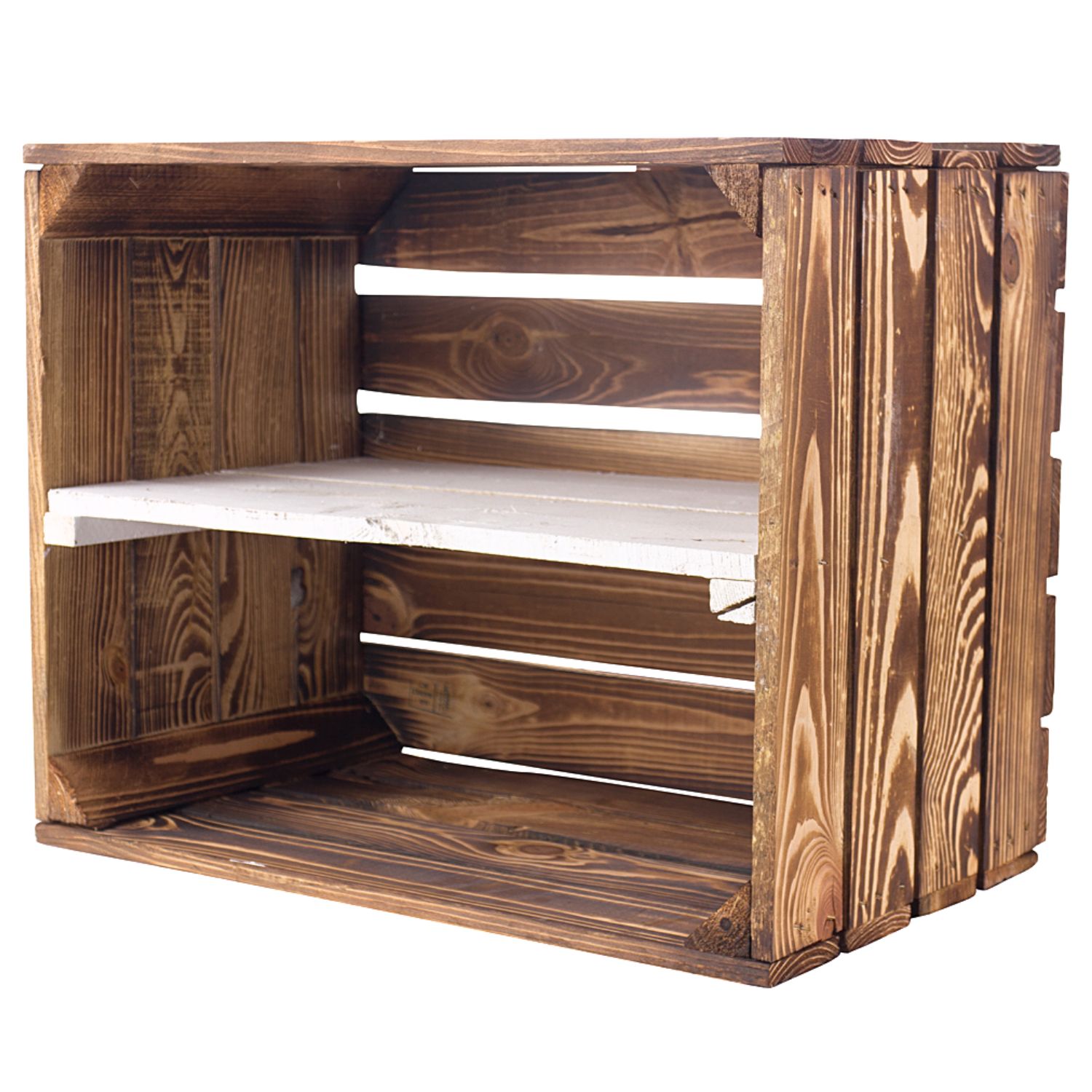 Geflammte Holzkiste mit weißen Mittelbrett -längs- 50x40x30cm Geflammte Holzkiste mit weißen Mittelbrett -längs- 50x40x30cm