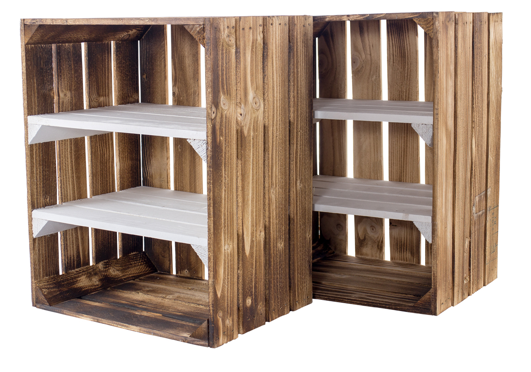 Geflammte Holzkiste mit 2 weißen Mittelbrettern -quer- 50x40x30cm