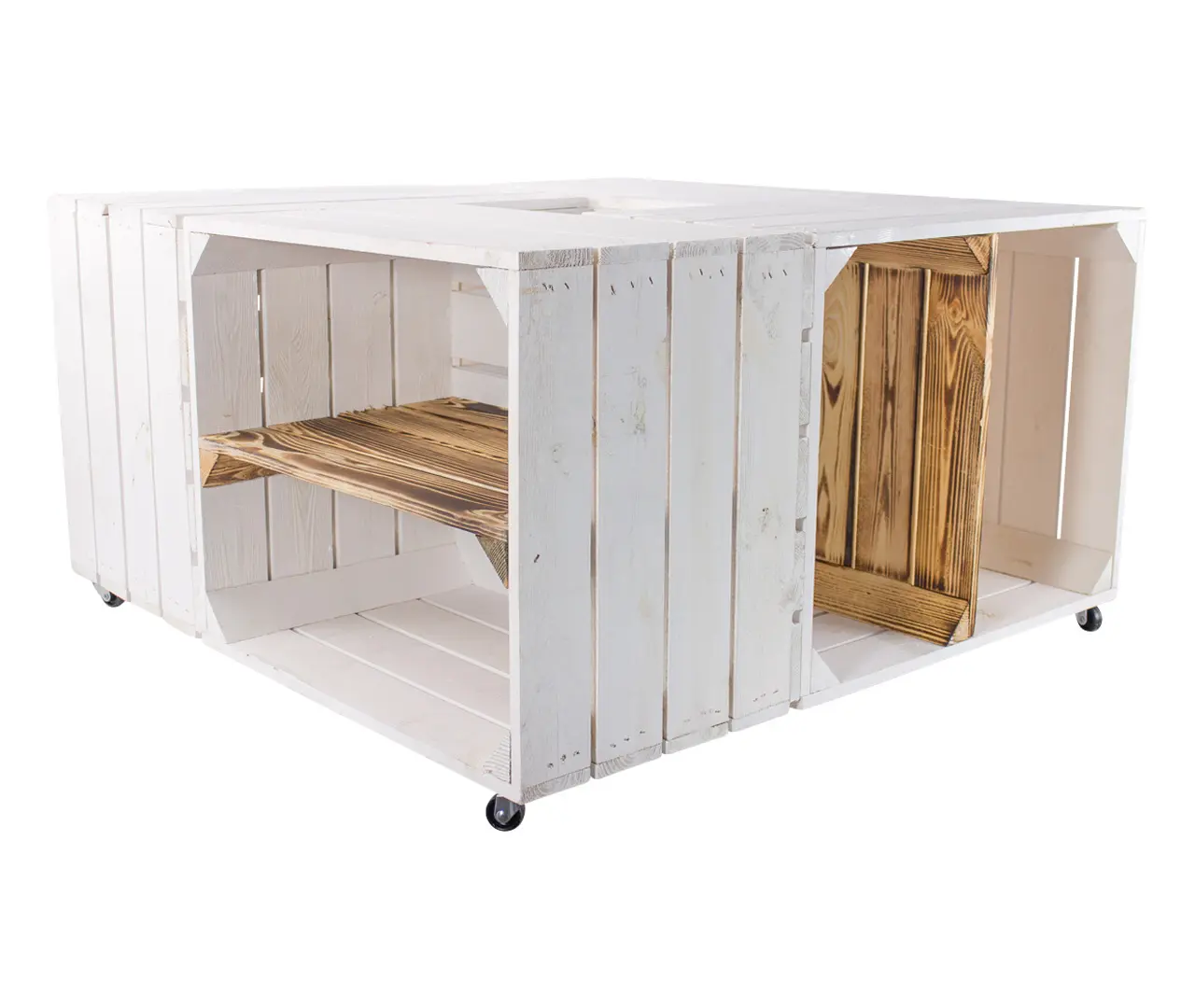 Weißer Couchtisch aus verschiedenen Regalkisten mit geflammten Mittelbrettern 81x81x44cm