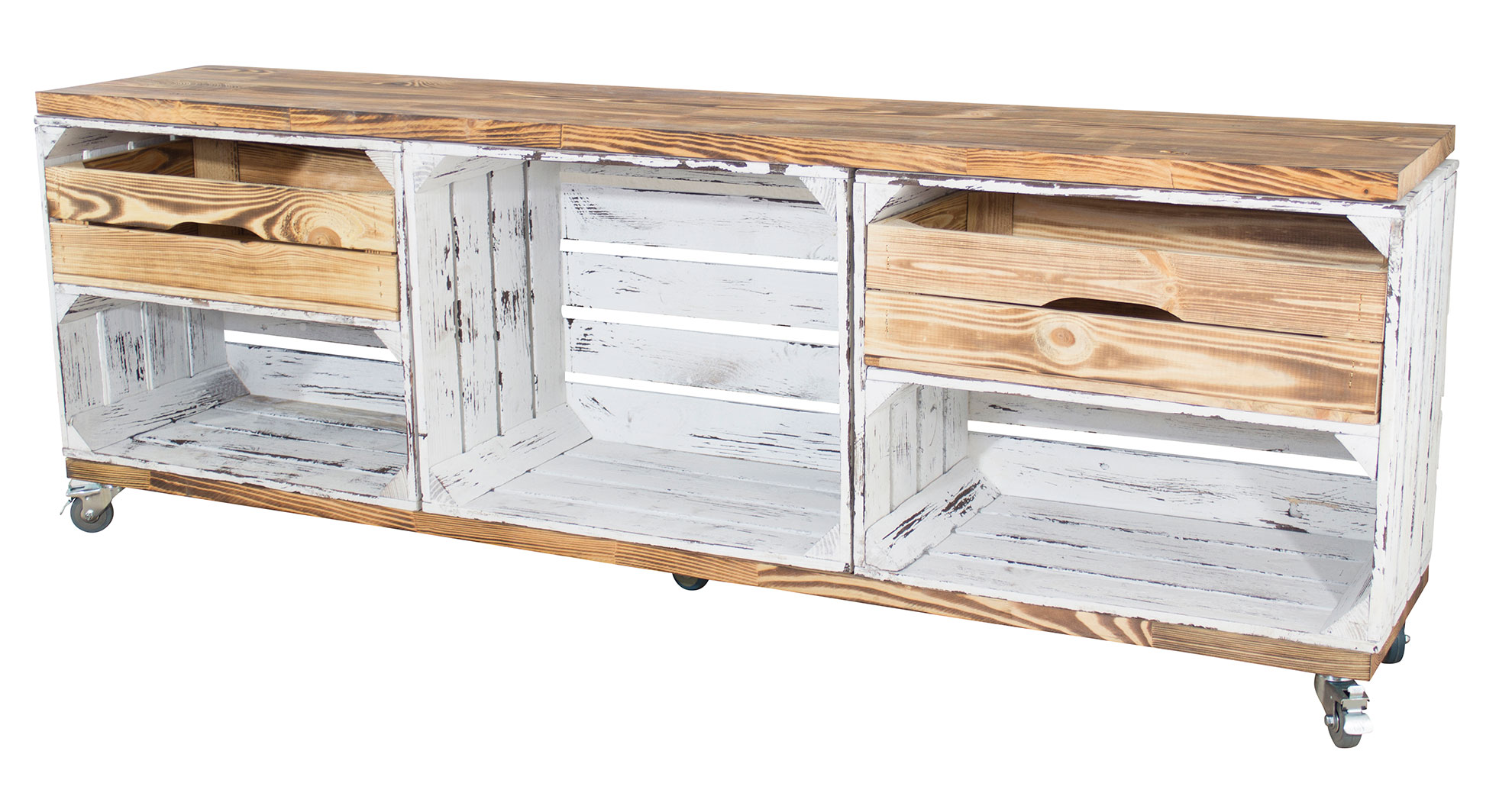 TV Schrank aus 3 Kisten in shabby weiß mit 2 geflammten Schubladen sowie 2 geflammten Bohlenbrettern auf Rollen, 150x53x30 TV Schrank aus 3 Kisten in shabby weiß mit 2 geflammten Schubladen sowie 2 geflammten Bohlenbrettern auf Rollen, 150x53x30