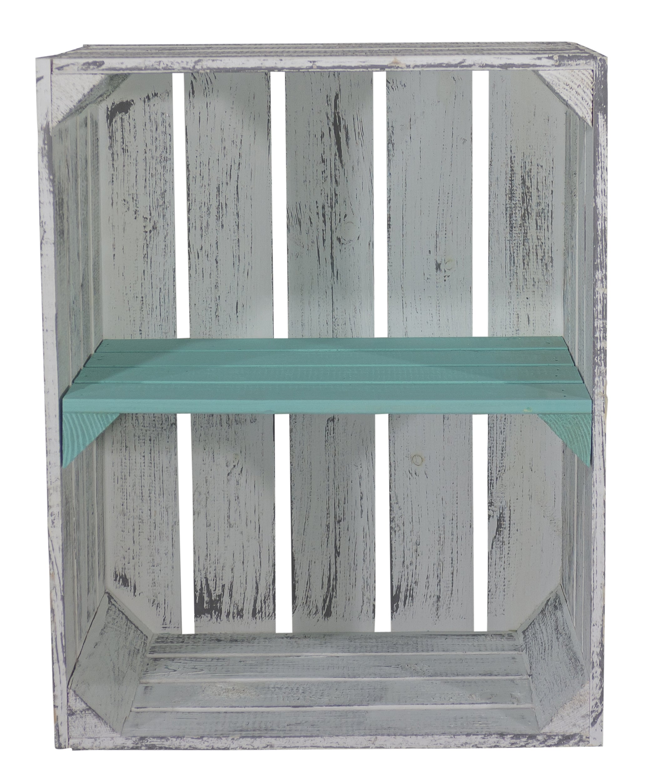 Shabby graue Obstkiste mit türkisem Mittelbrett -quer- 50 x 40 x 30cm