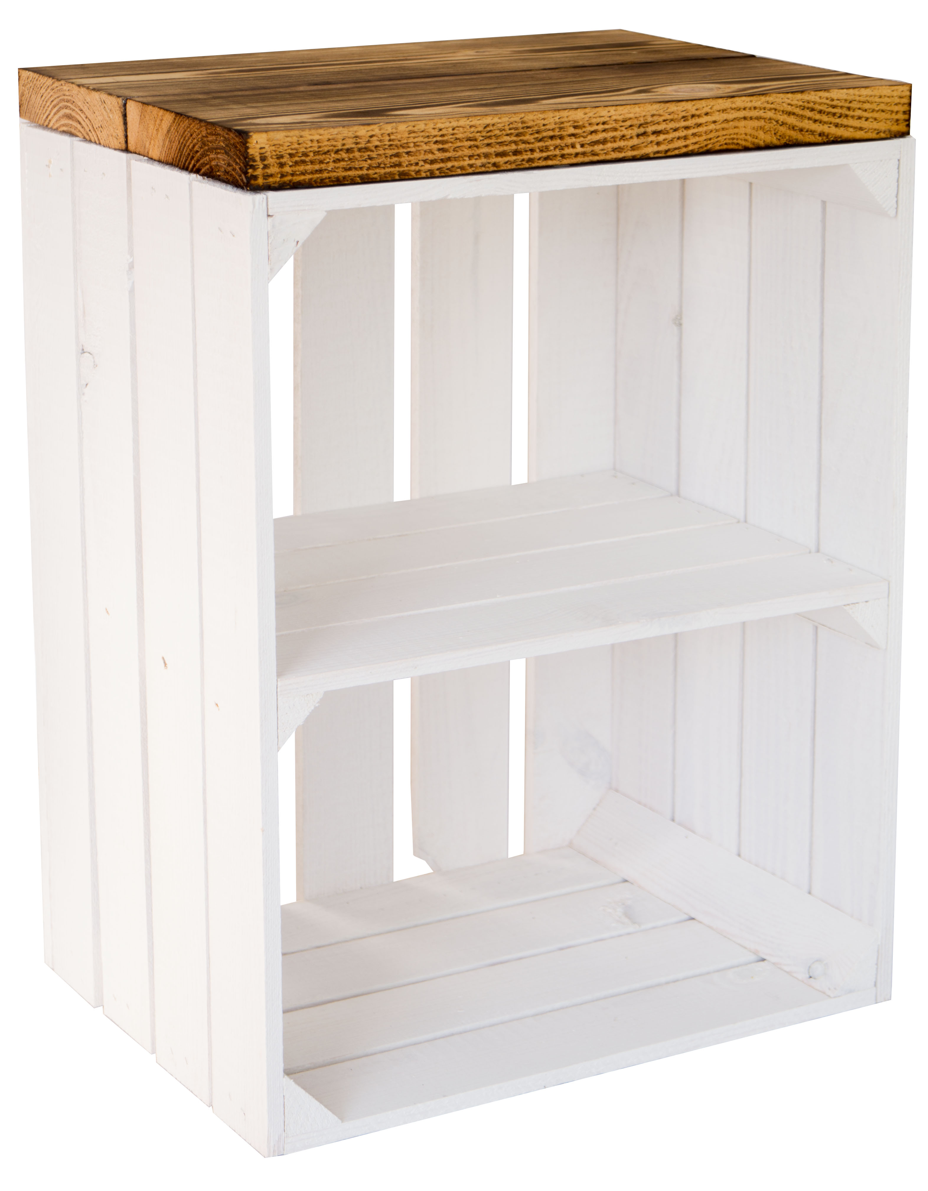 Sitzkiste Johanna weiss Quer Sitzfläche aus dicken geflammten Holzplanken