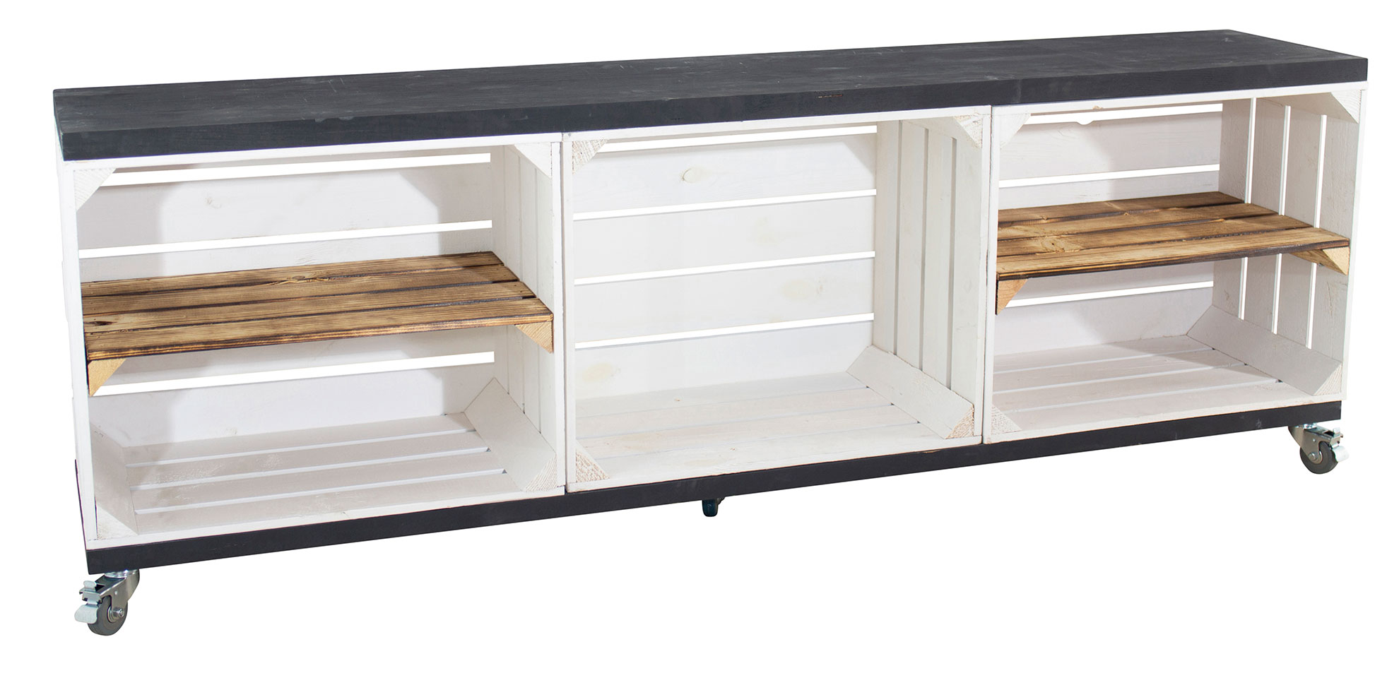 TV Schrank in weiß aus 3 Kisten und 2 Bohlenbrettern auf Rollen 150x53x30 TV Schrank in weiß aus 3 Kisten und 2 Bohlenbrettern auf Rollen 150x53x30