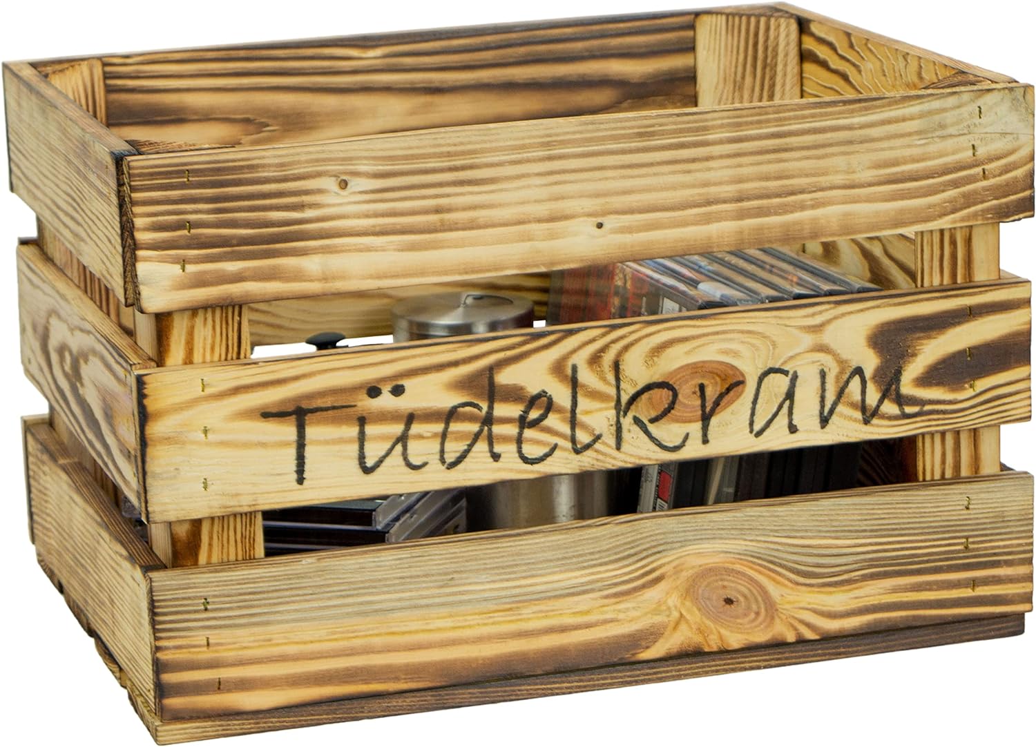 Holzkiste mit Aufschrift Tüdelkram Geflammt, 40x30x25cm Holzkiste mit Aufschrift Tüdelkram Geflammt, 40x30x25cm