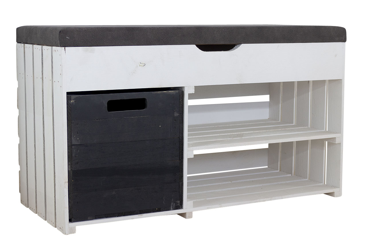 Gepolstertes, weißes Sitzregal mit Stauraum durch praktische schwarze Holzkiste / Regalboden / 90x52x39cm