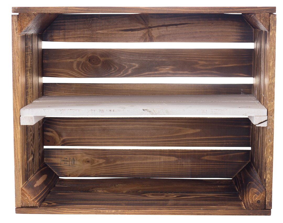 Geflammte Holzkiste mit weißen Mittelbrett -längs- 50x40x30cm Geflammte Holzkiste mit weißen Mittelbrett -längs- 50x40x30cm