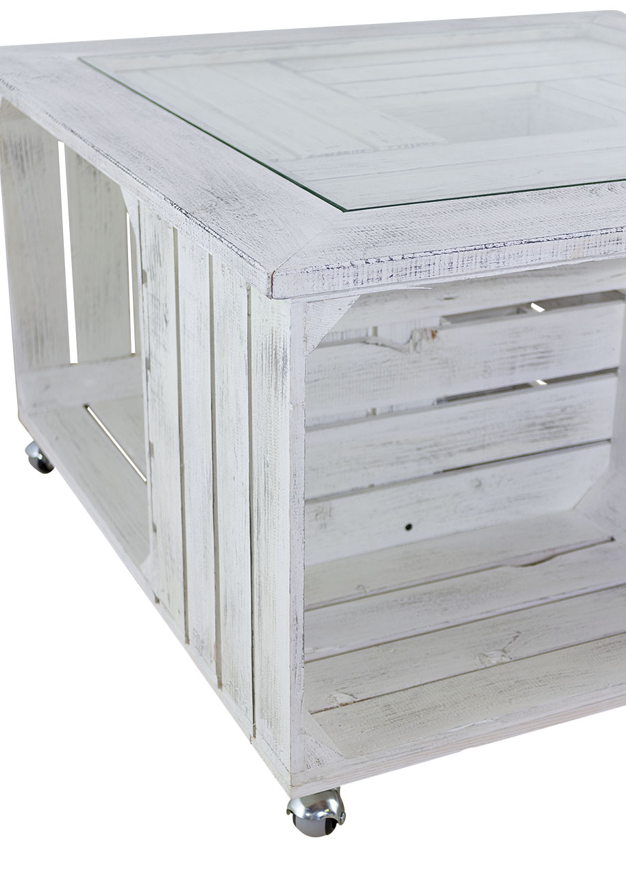 Weißer Tisch mit Glasplatte und Shabby Rahmen / besonders durch 4 Holzkisten für extra Stauraum / 85x85cm