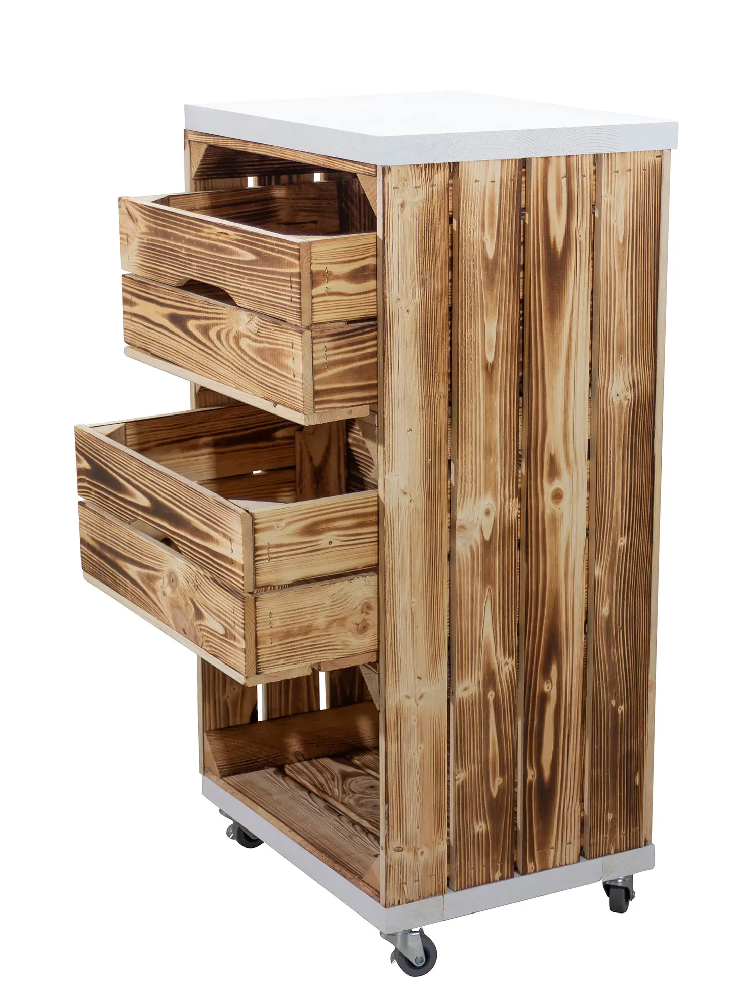 Regal aus einer schmalen geflammten Obstkiste mit zwei Schubladen und Bohlenbrett in Weiß, auf Rollen 40x79x31cm Regal aus einer schmalen geflammten Obstkiste mit zwei Schubladen und Bohlenbrett in Weiß, auf Rollen 40x79x31cm