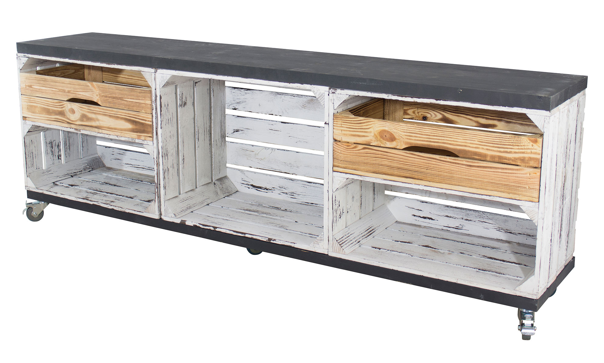 TV Schrank aus 3 Kisten in grau vintage mit 2 geflammten Schubladen mit 2 Bohlenbrettern in Schwarz auf Rollen, 150x53x30 TV Schrank aus 3 Kisten in grau vintage mit 2 geflammten Schubladen mit 2 Bohlenbrettern in Schwarz auf Rollen, 150x53x30