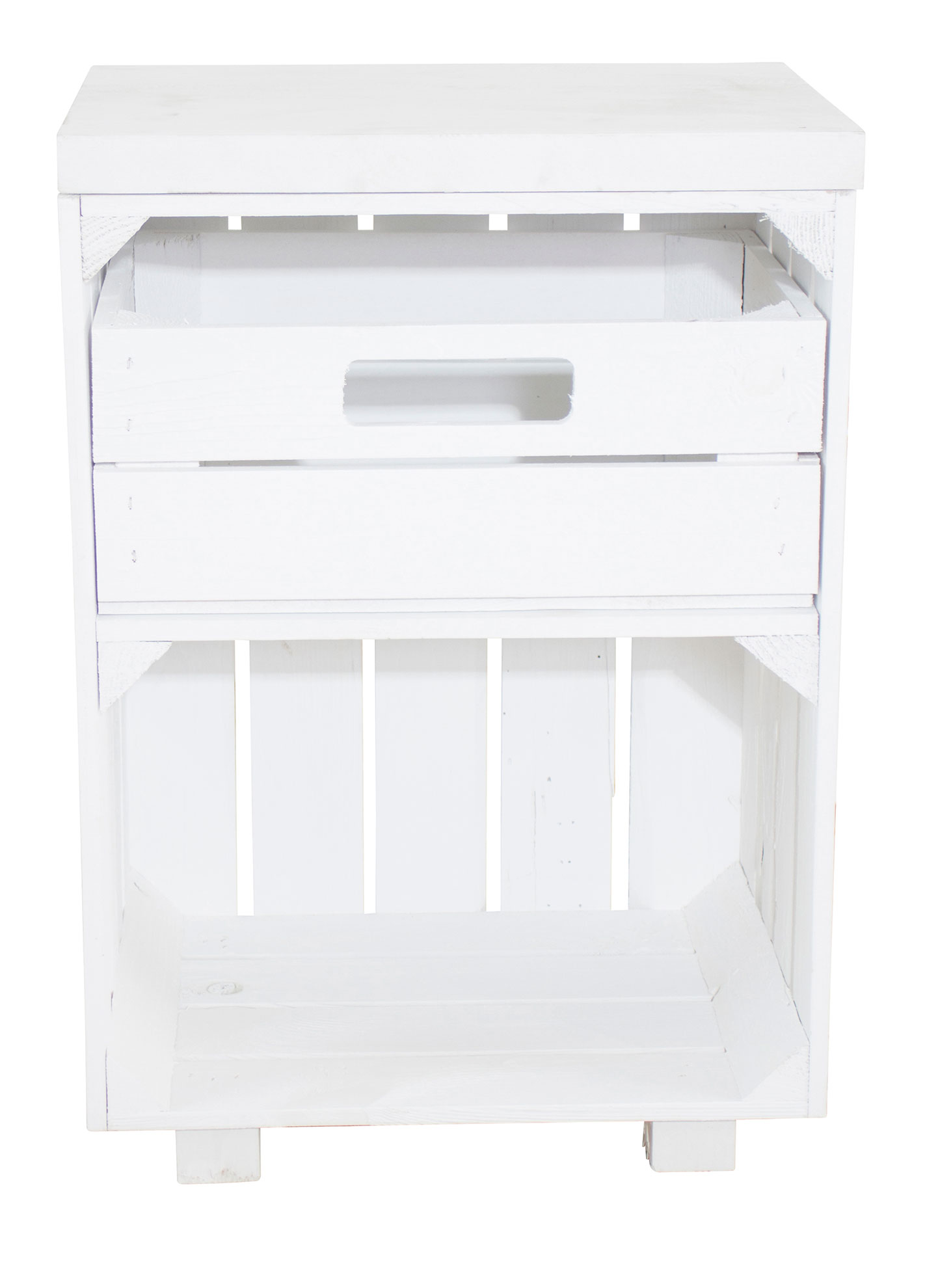 Nachttisch in weiß mit Schublade und Bohlenbrett in weiß auf Füßen 40x57x30 Nachttisch in weiß mit Schublade und Bohlenbrett in weiß auf Füßen 40x57x30