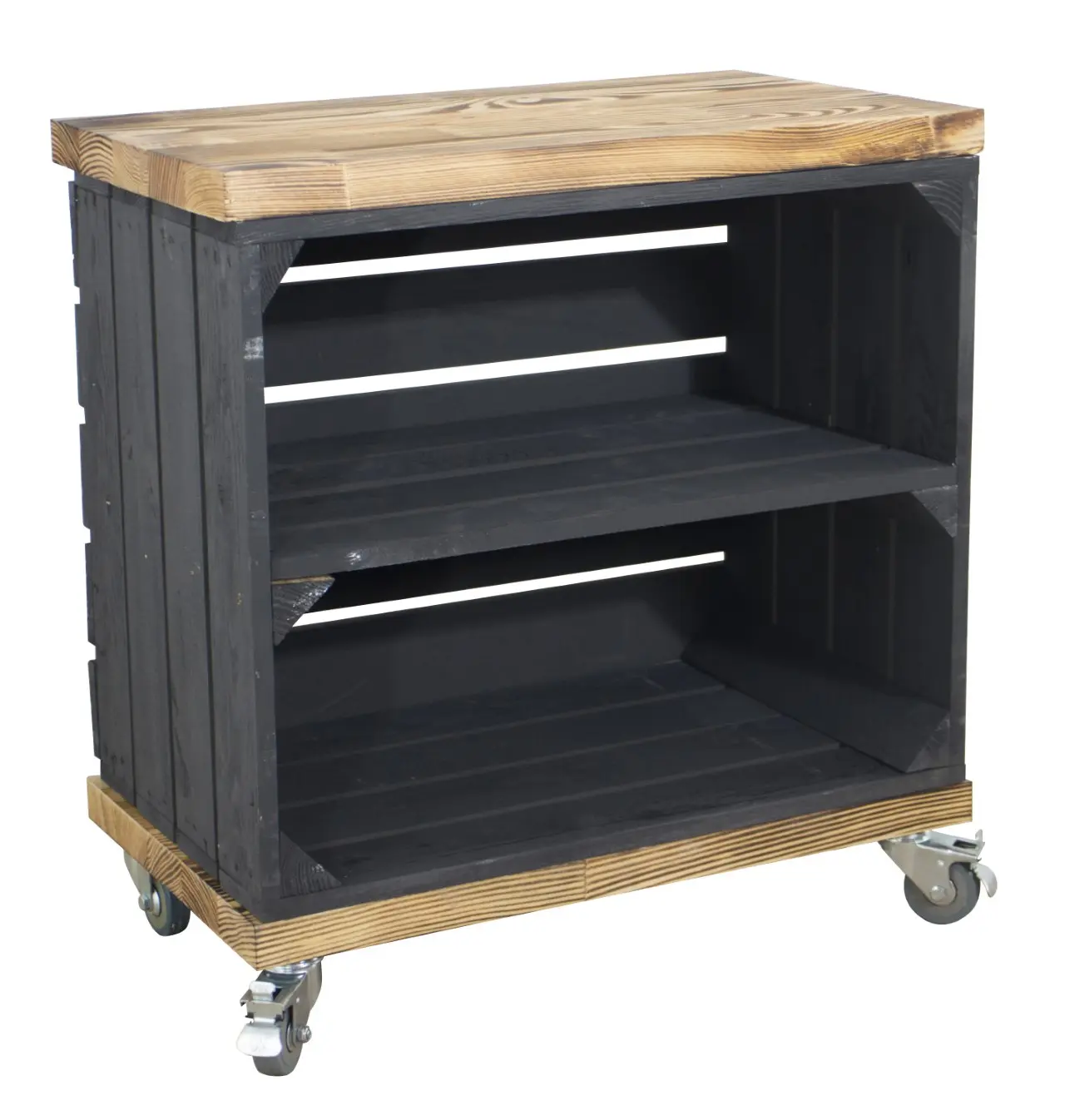 Rollkiste in schwarz mit 2 geflammten Bohlenbrettern auf Rollen 53x50x30cm Rollkiste in schwarz mit 2 geflammten Bohlenbrettern auf Rollen 53x50x30cm