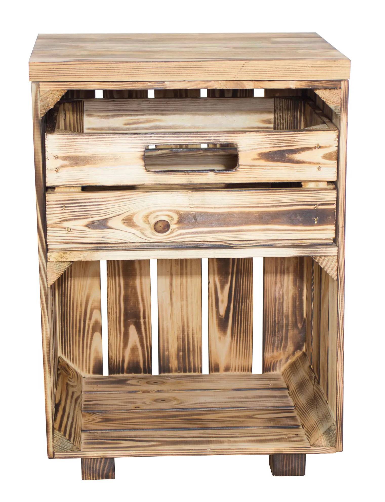 Geflammter Nachttisch mit Schublade und einem geflammten Bohlenbrett auf Holzfüßen, 40x57x30,5 Geflammter Nachttisch mit Schublade und einem geflammten Bohlenbrett auf Holzfüßen, 40x57x30,5