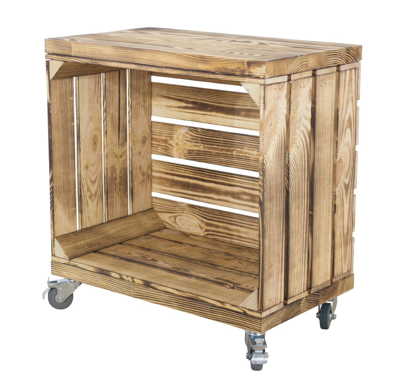 Beistelltisch aus einer geflammten Kiste mit 2 Bohlenbrettern auf Rollen 53x50x30cm Beistelltisch aus einer geflammten Kiste mit 2 Bohlenbrettern auf Rollen 53x50x30cm