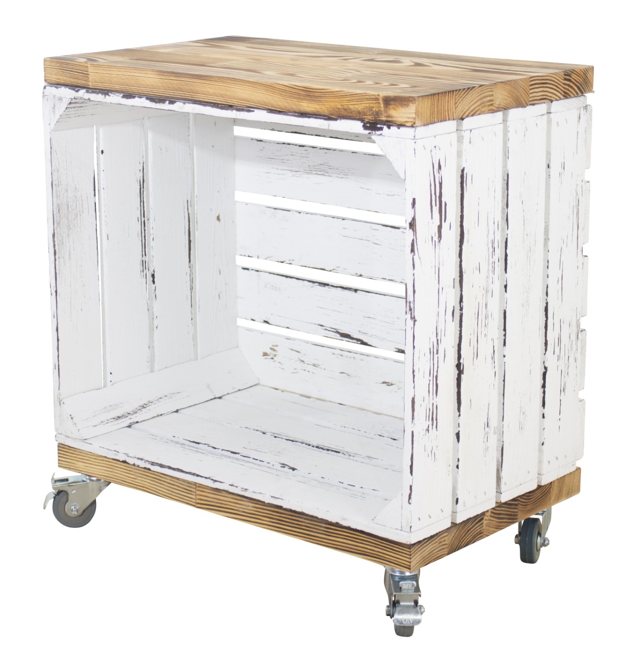 Beistelltisch aus einer Kiste in shabby weiß mit 2 geflammten Bohlenbrettern auf Rollen 53x50x30cm Beistelltisch aus einer Kiste in shabby weiß mit 2 geflammten Bohlenbrettern auf Rollen 53x50x30cm